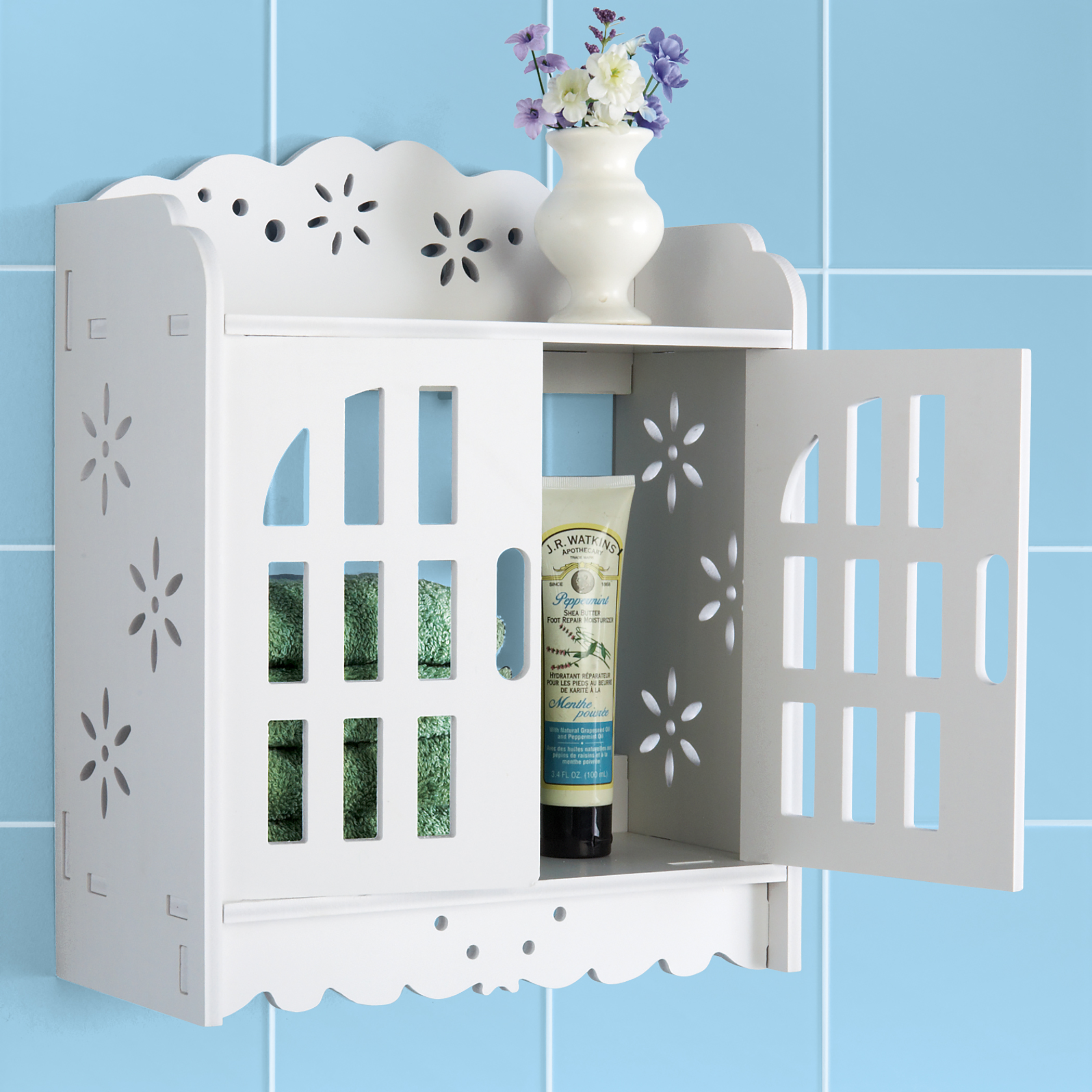 Cut Out Design Scalloped Trim Hanging Bathroom Wall Cabinet Collections Etc