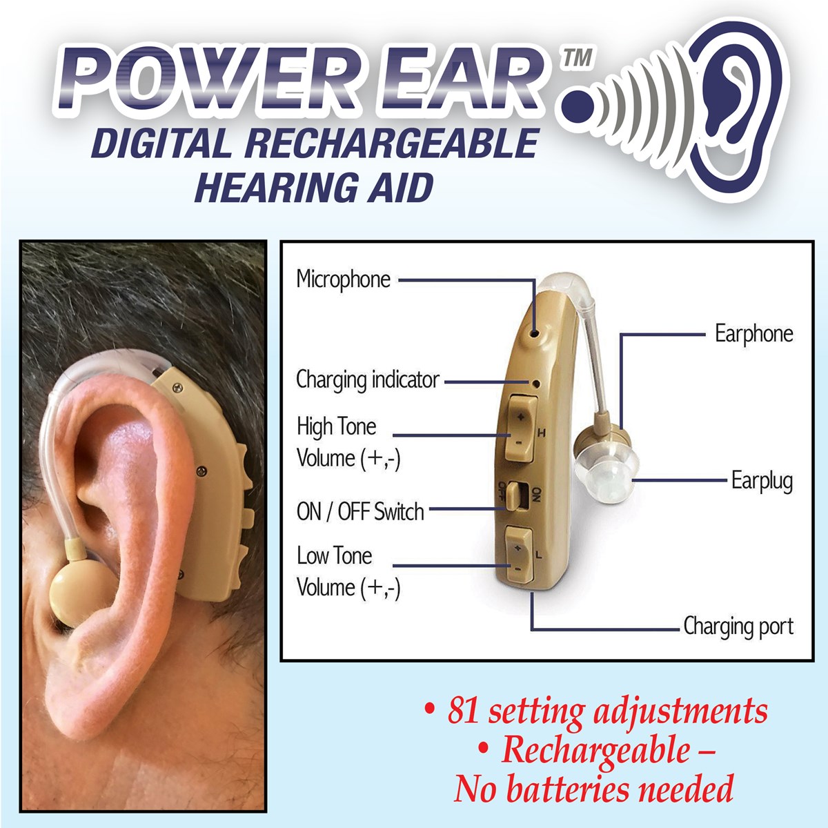 Power Ear Digital Rechargeable Hearing Aid Collections Etc.