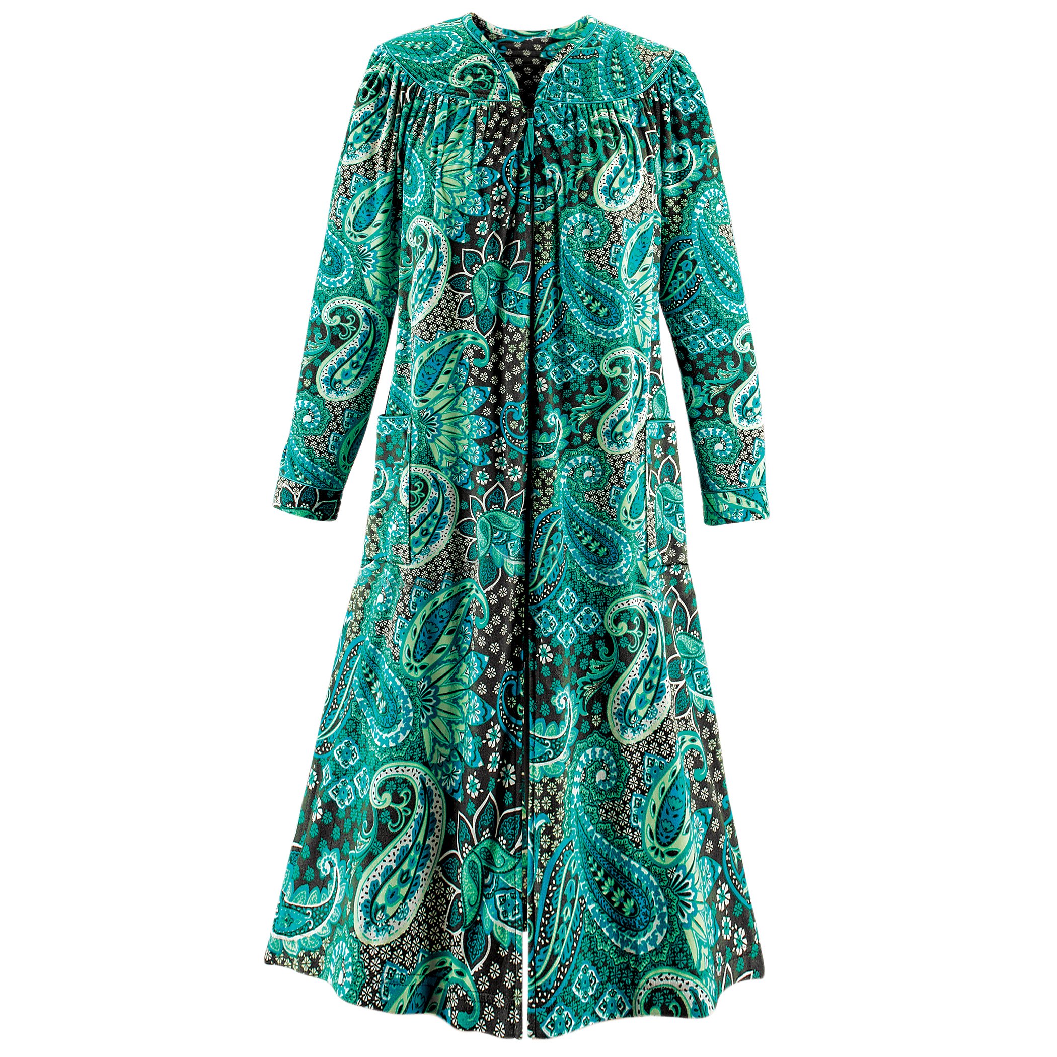 Paisley Zip-Front Long-Sleeve Fleece Quilted Polyester Robe, Emerald, XX-Large