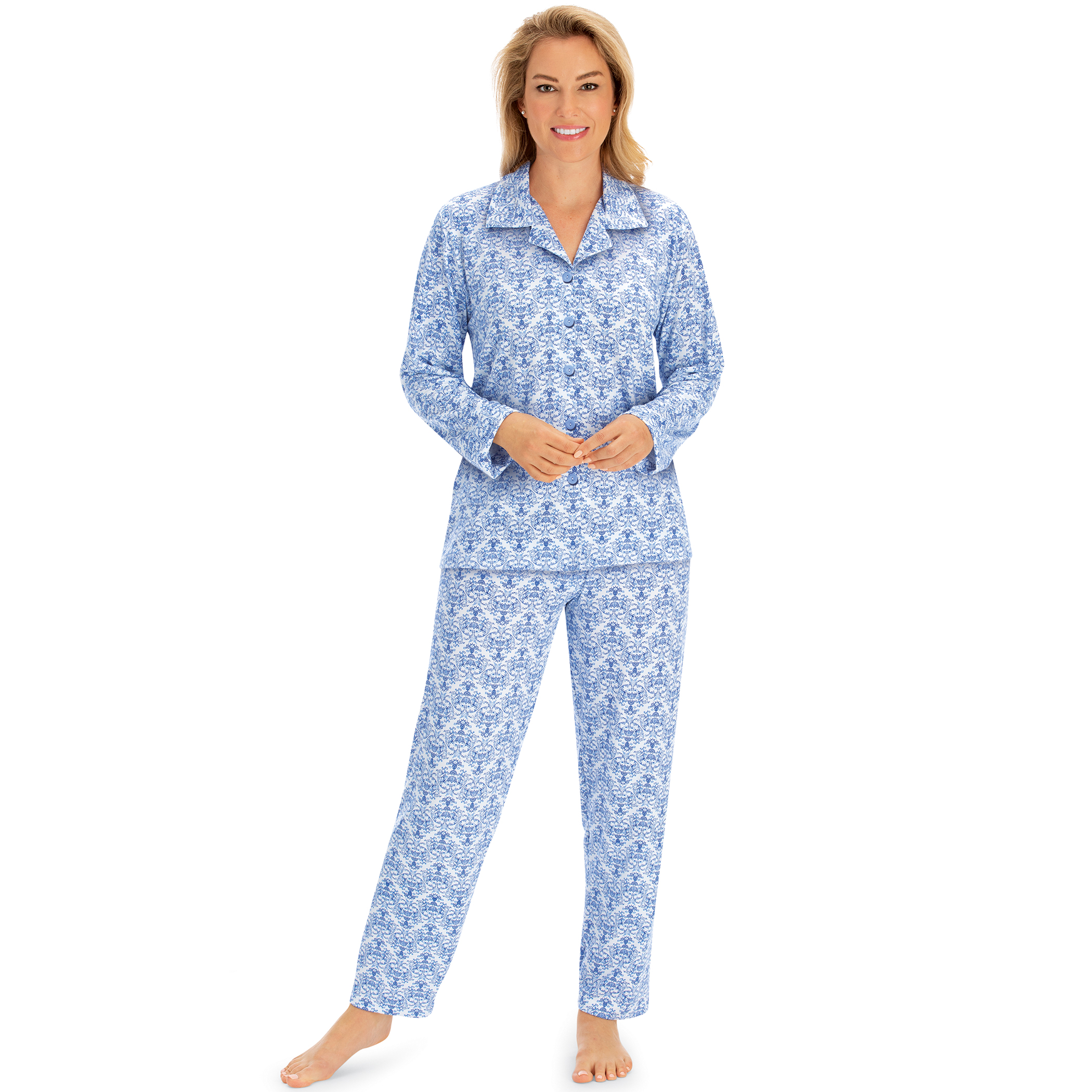 Cozy Feminine Leaf Design Long Sleeve 2-Piece Pajama Set Small Womens Blue