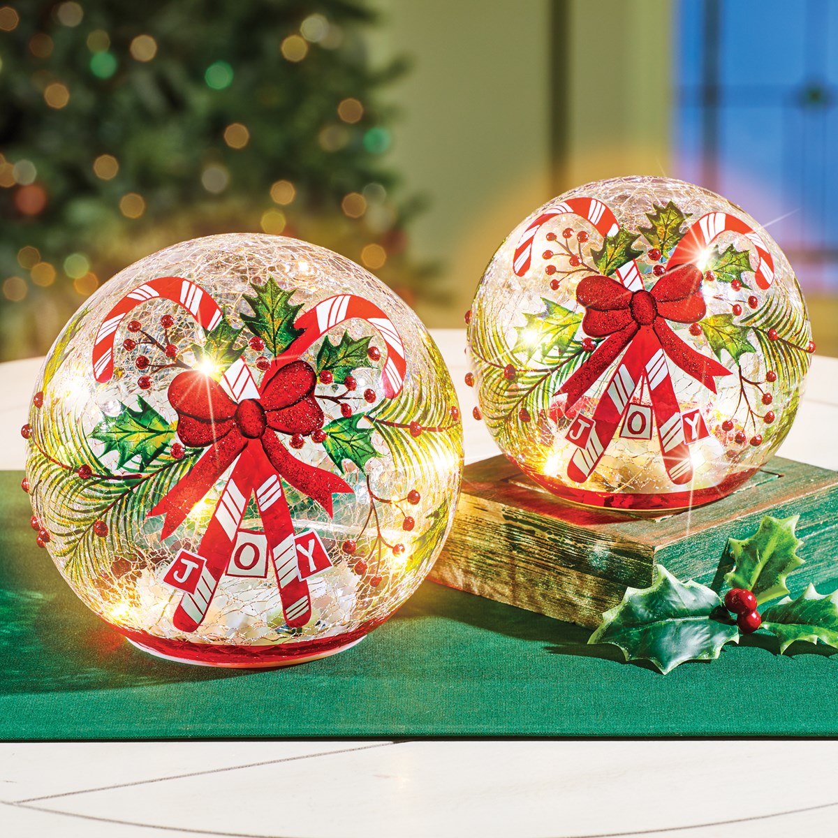 Hand Painted Candy Cane Joy Crackled LED Lighted Balls Collections Etc.