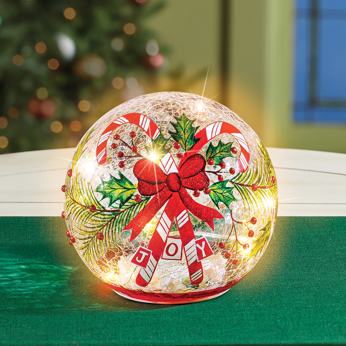 Hand Painted Candy Cane Joy Crackled LED Lighted Balls Collections Etc.