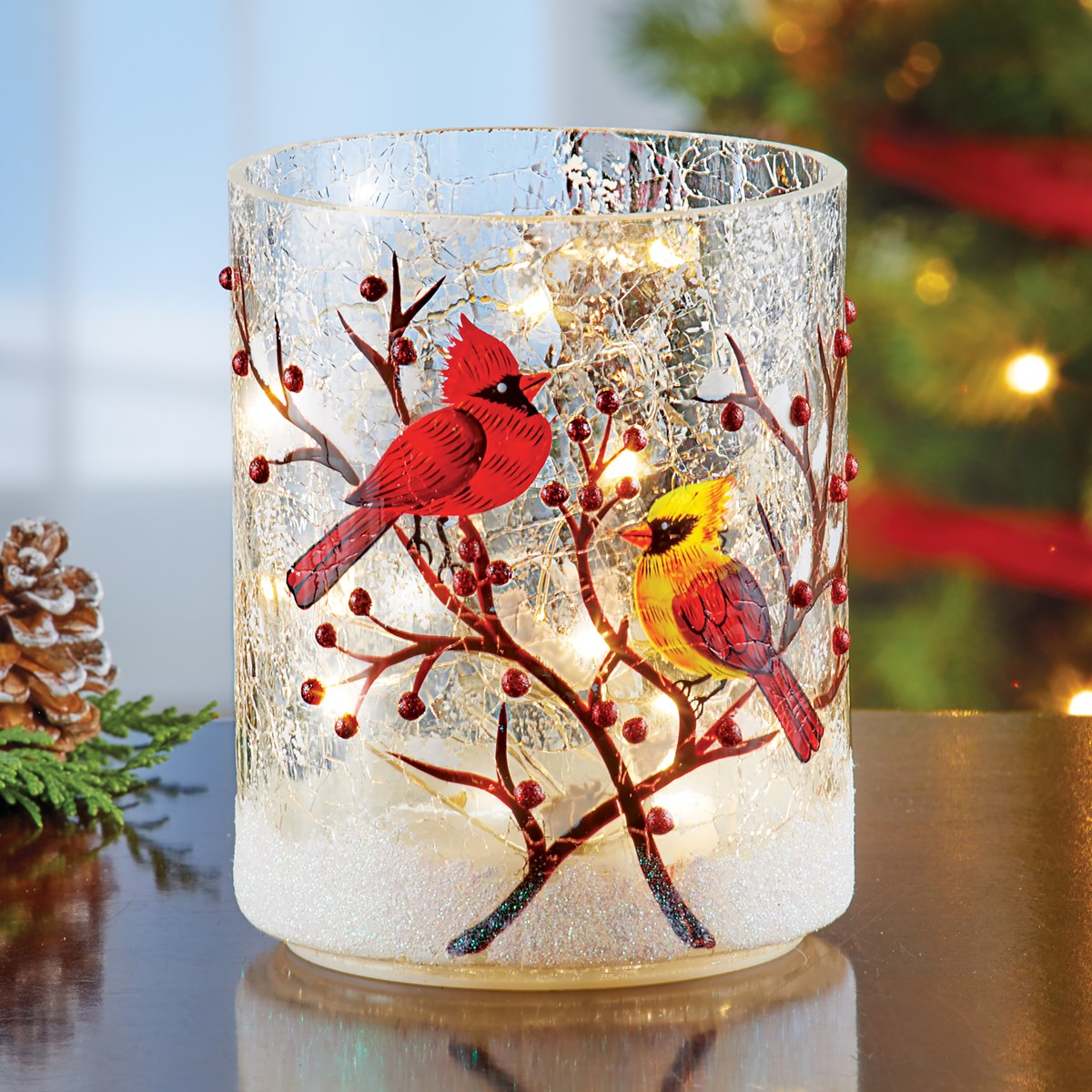 Hand Painted LED Lighted Cardinals Glass Tabletop Hurricane