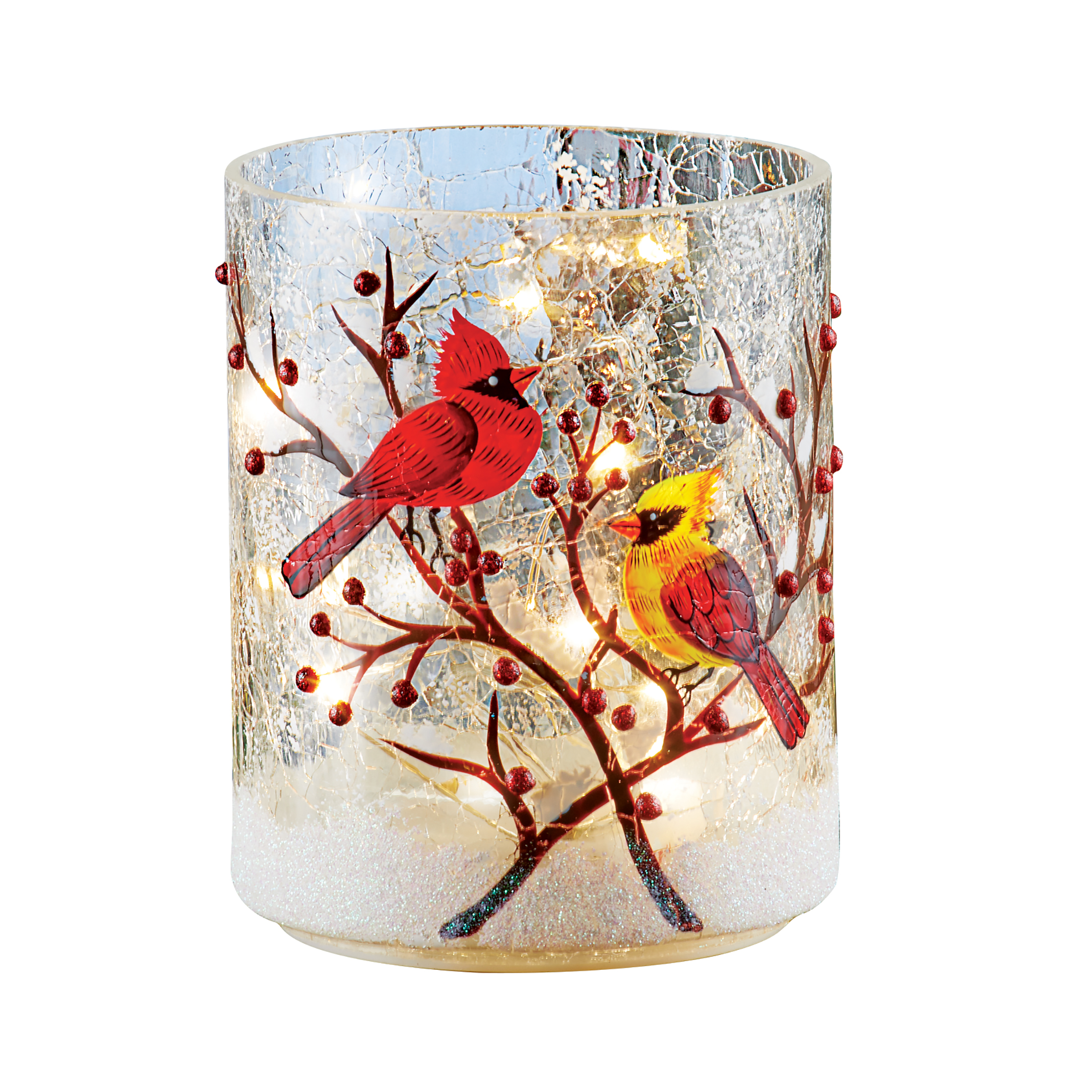 Hand Painted LED Lighted Cardinals Glass Tabletop Hurricane