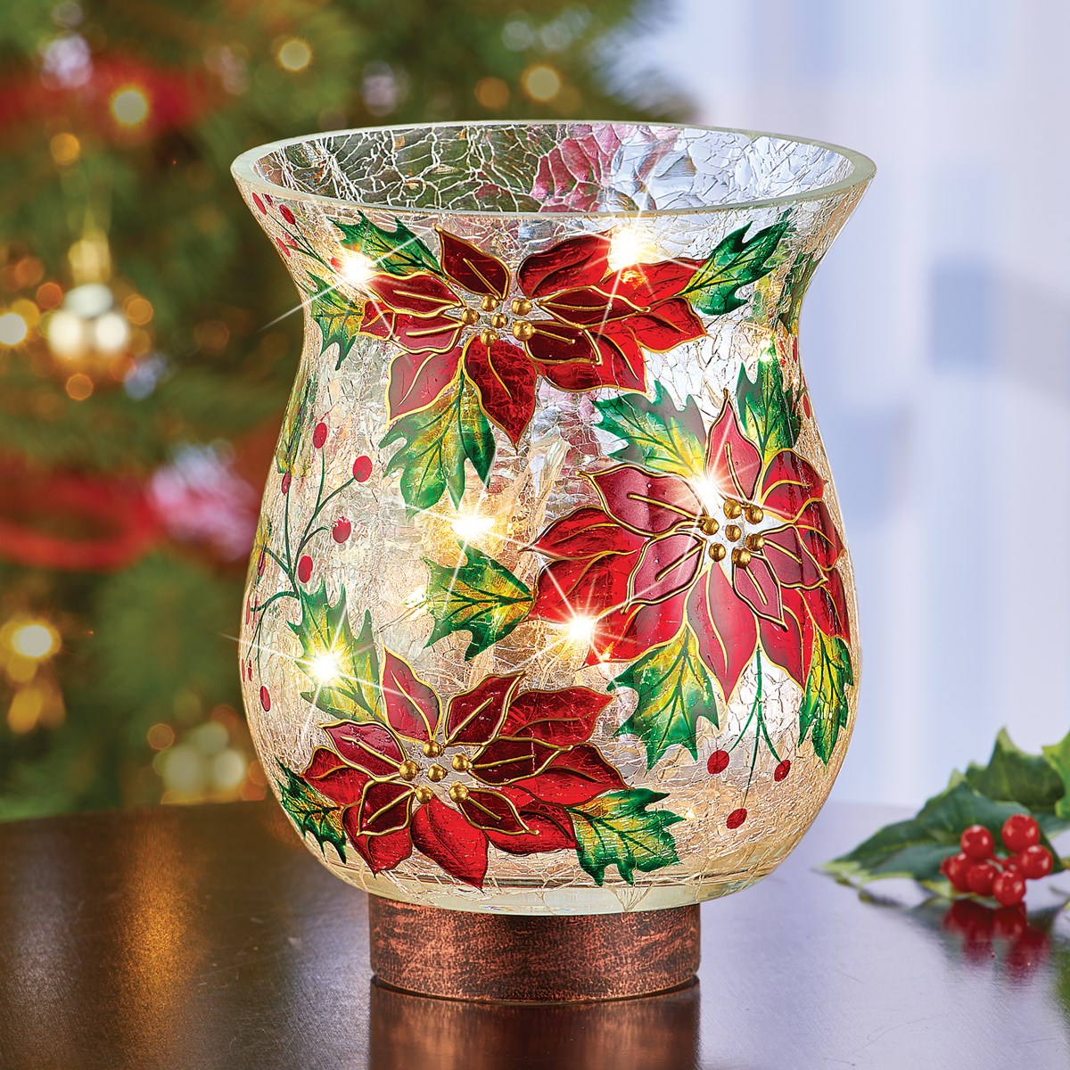 Poinsettia Lighted Crackled Glass Hurricane Lamp Collections Etc.