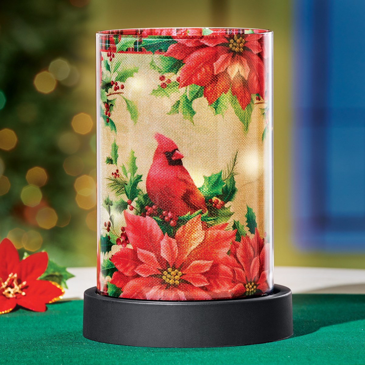 Holly Cardinals LED Lighted Glass Tabletop Hurricane Lamp Collections
