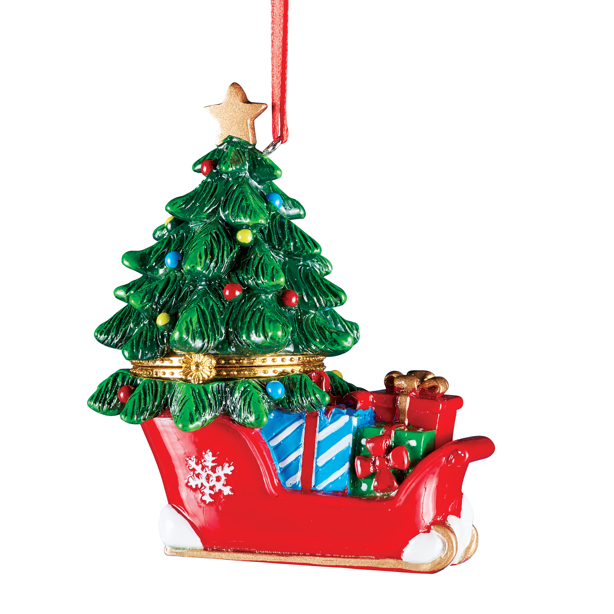 Hand Painted Holiday Trinket Box Ornament 3 X 2 X 3.75 Sleigh Green