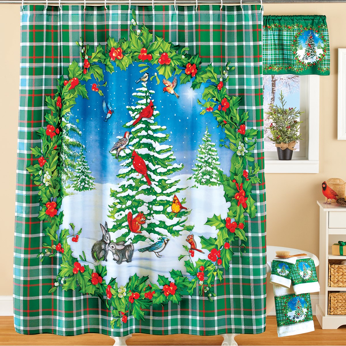 Festive Christmas Tree Scene Printed Shower Curtain Collections Etc.