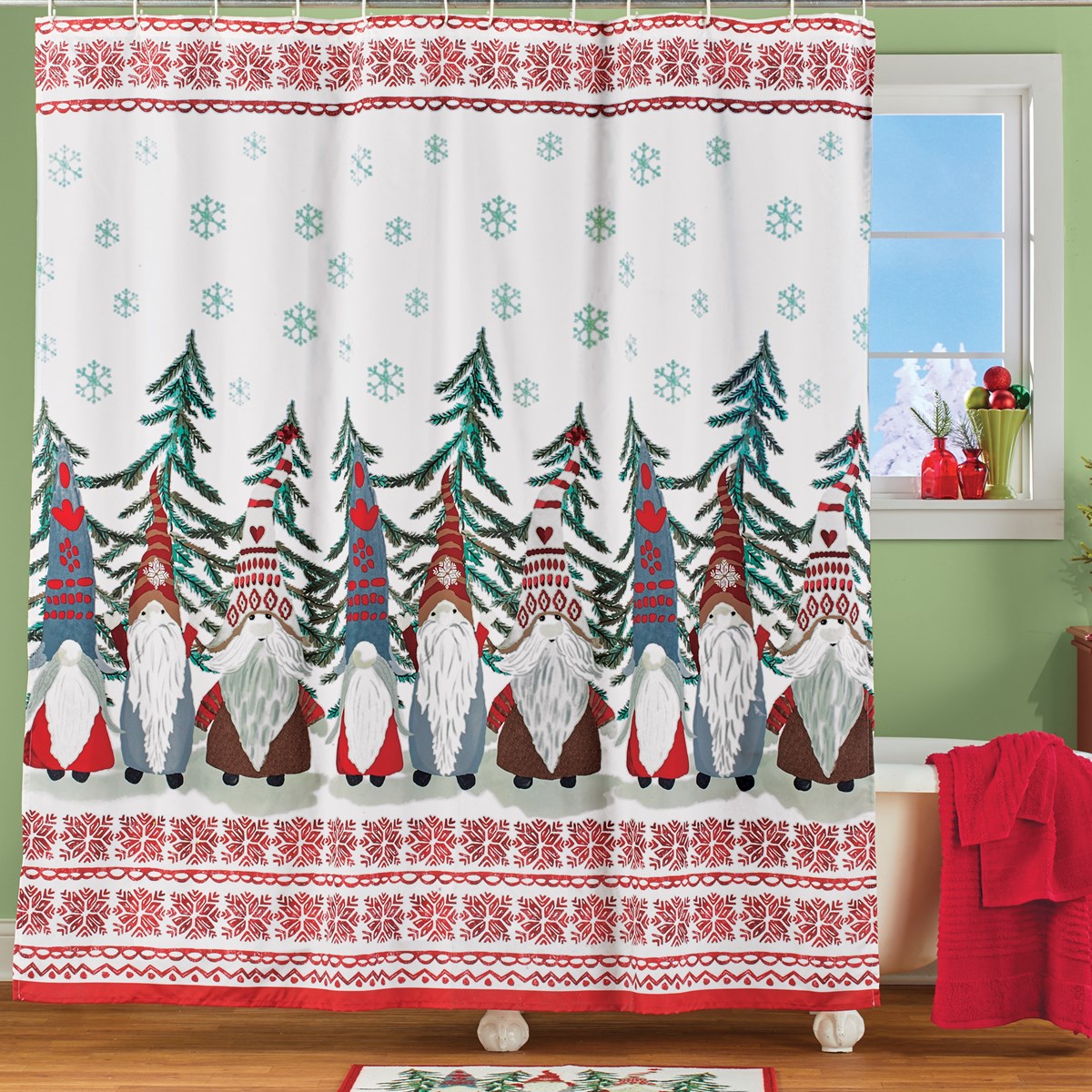 Winter Holiday Gnomes Festive Bathroom Shower Curtain Collections Etc.