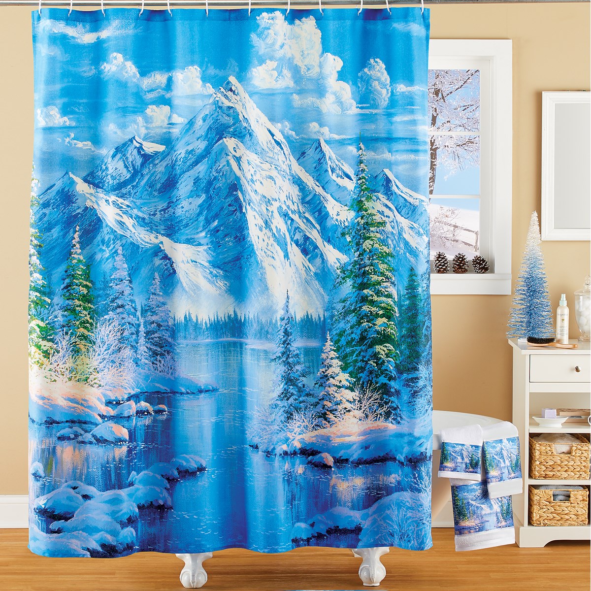 Realistic Serene Snowy Winter Lake Scene Shower Curtain Collections Etc.