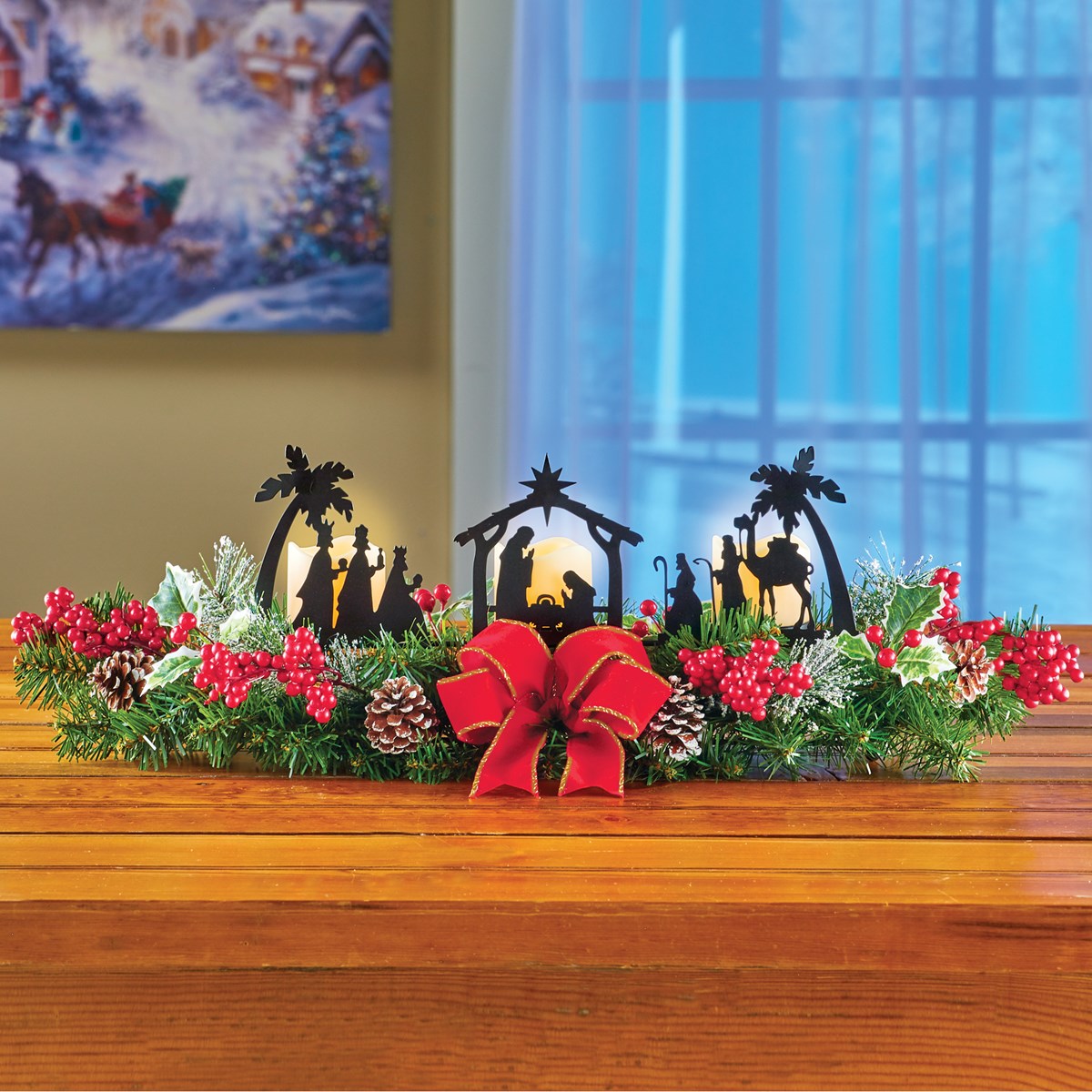 Pine Silhouette Nativity Scene LED Candle Centerpiece Collections Etc.