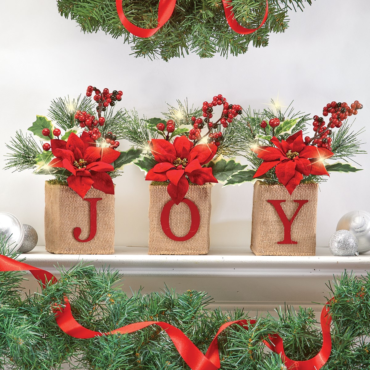 LED Lighted Holiday Joy Poinsettia Tabletop Decor Set of 3 Collections Etc.