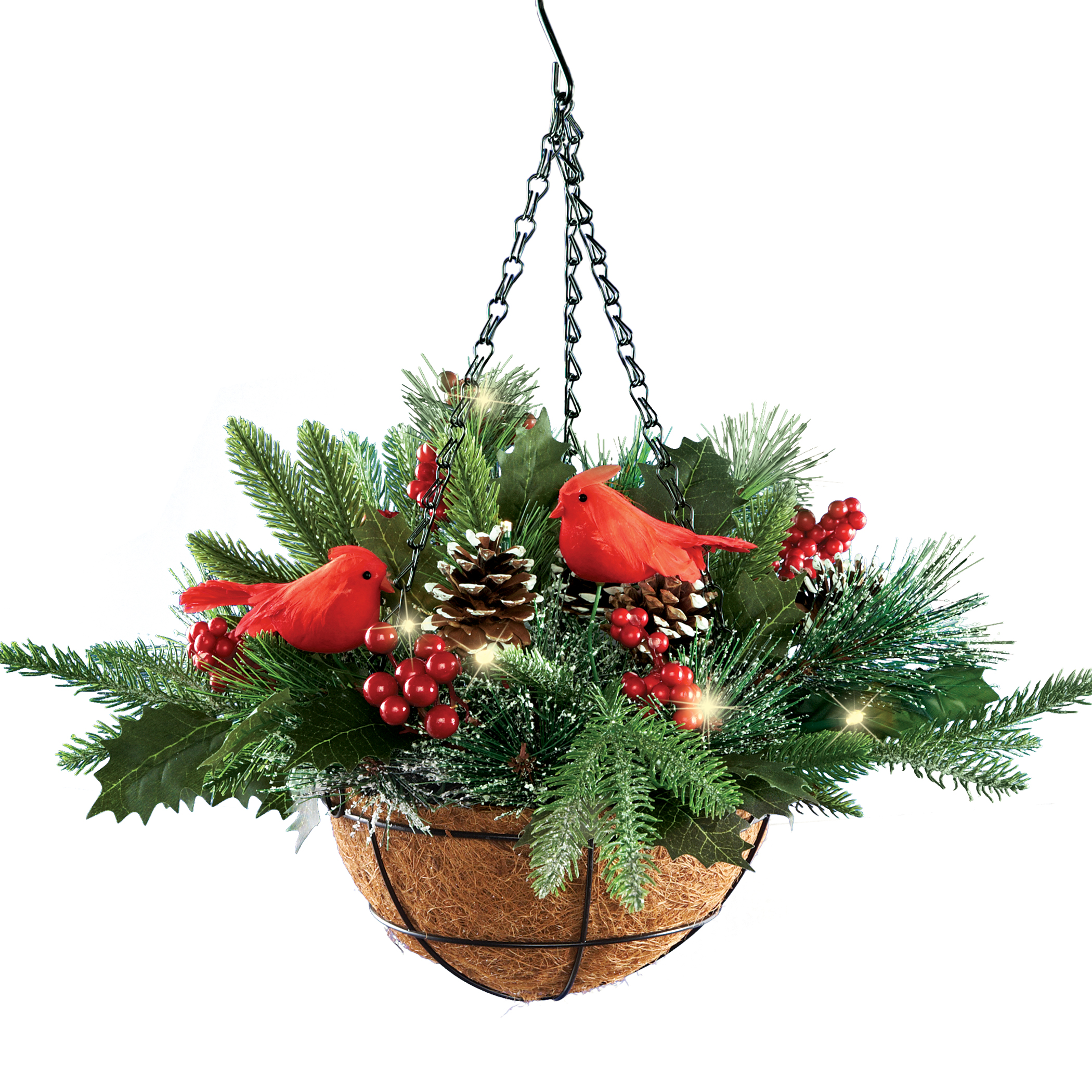 LED Frosted Hanging Artificial Winter Pine and Holly Basket 13 X 13 X 18