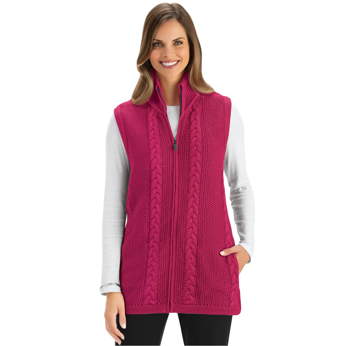 Full Zip Front Long Length Cable Knit Sweater Vest Collections Etc.