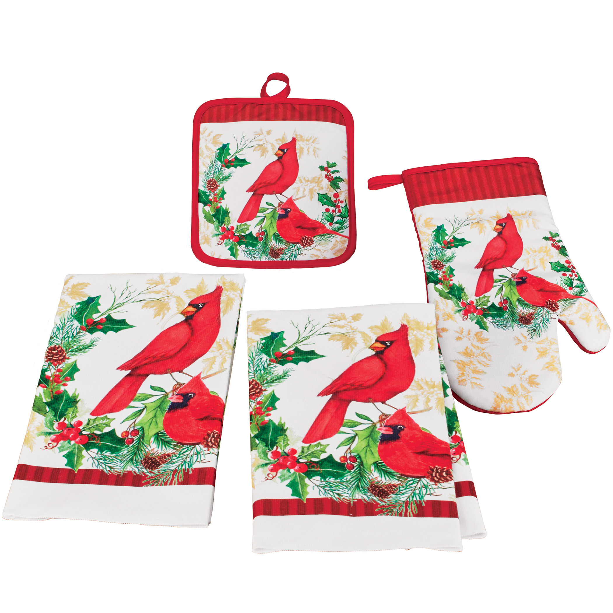 Printed Holiday Cardinal Kitchen Set - Set of 4