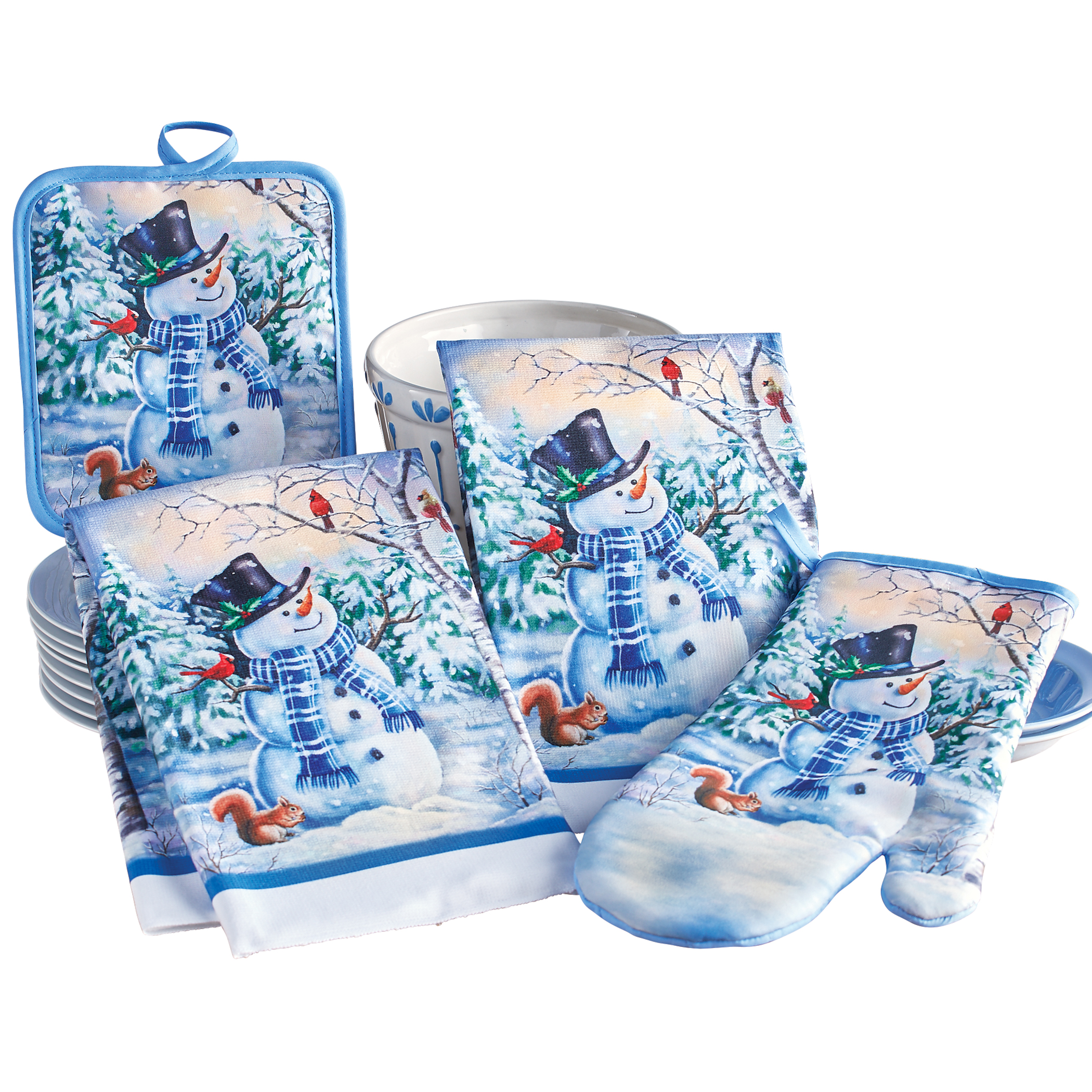 4-Piece Oven Mitt Pot Holder and Hand Towels Snowman Kitchen Set Blue
