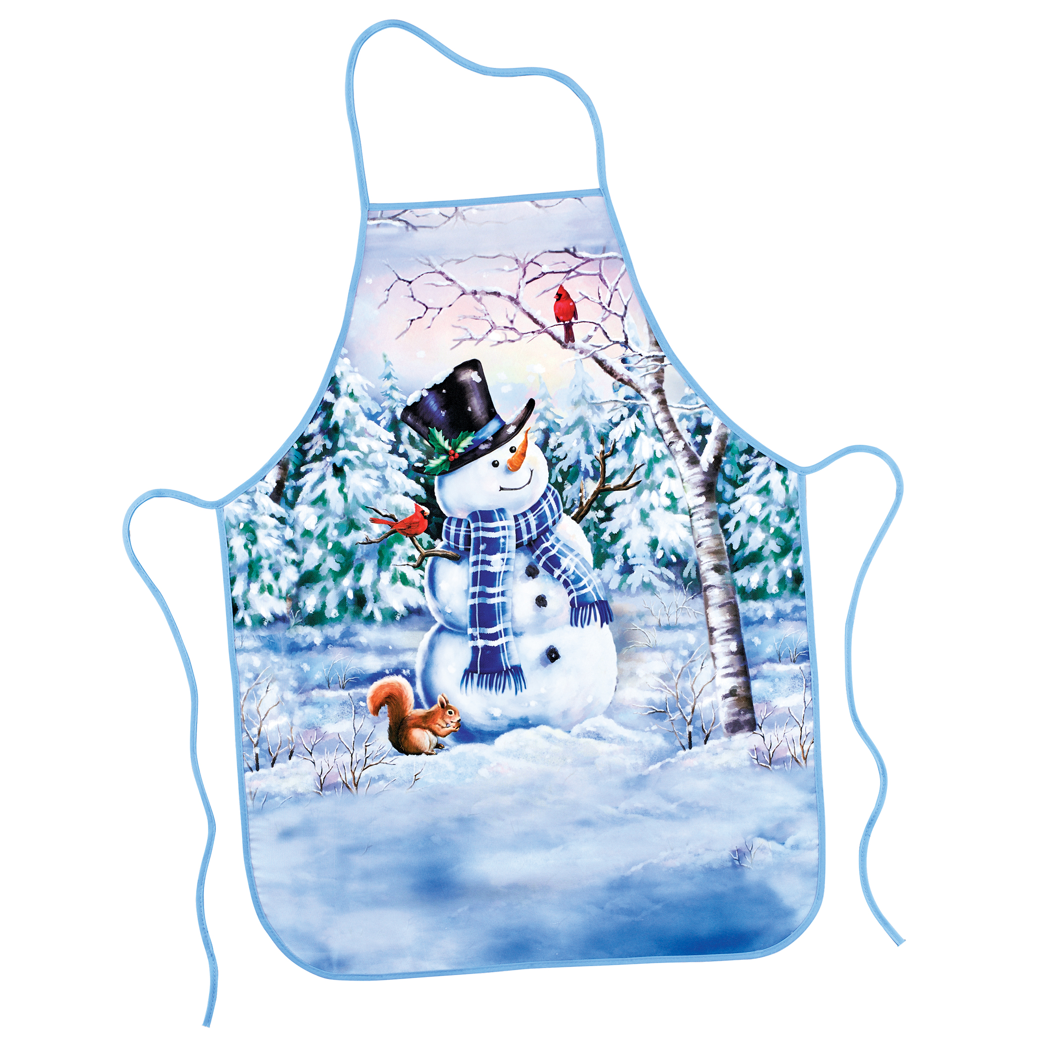 Charming Seasonal Winter Woods Snowman Kitchen Apron Blue