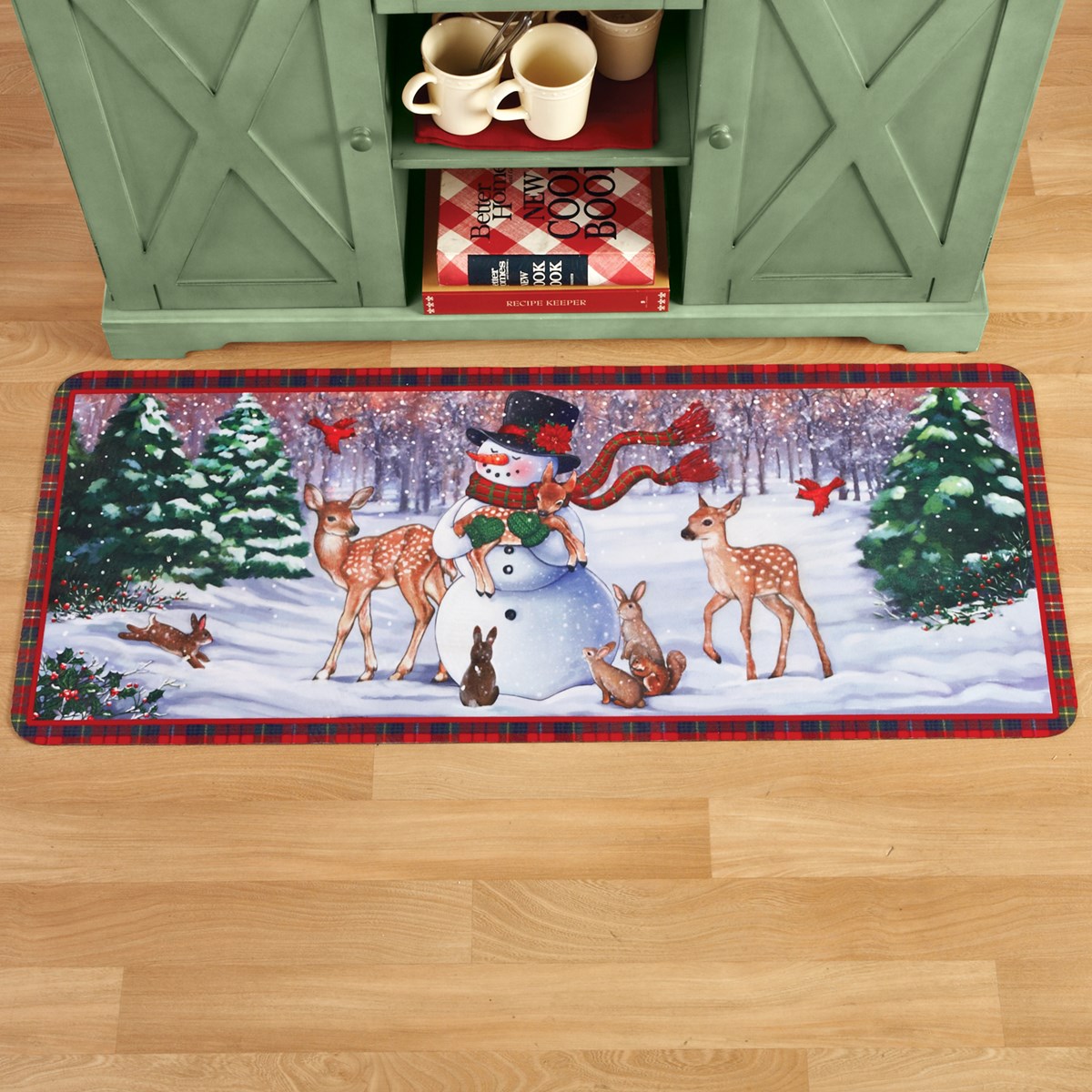 Deer and Snowman Winter Forest Scene SlipResistant Runner Rug