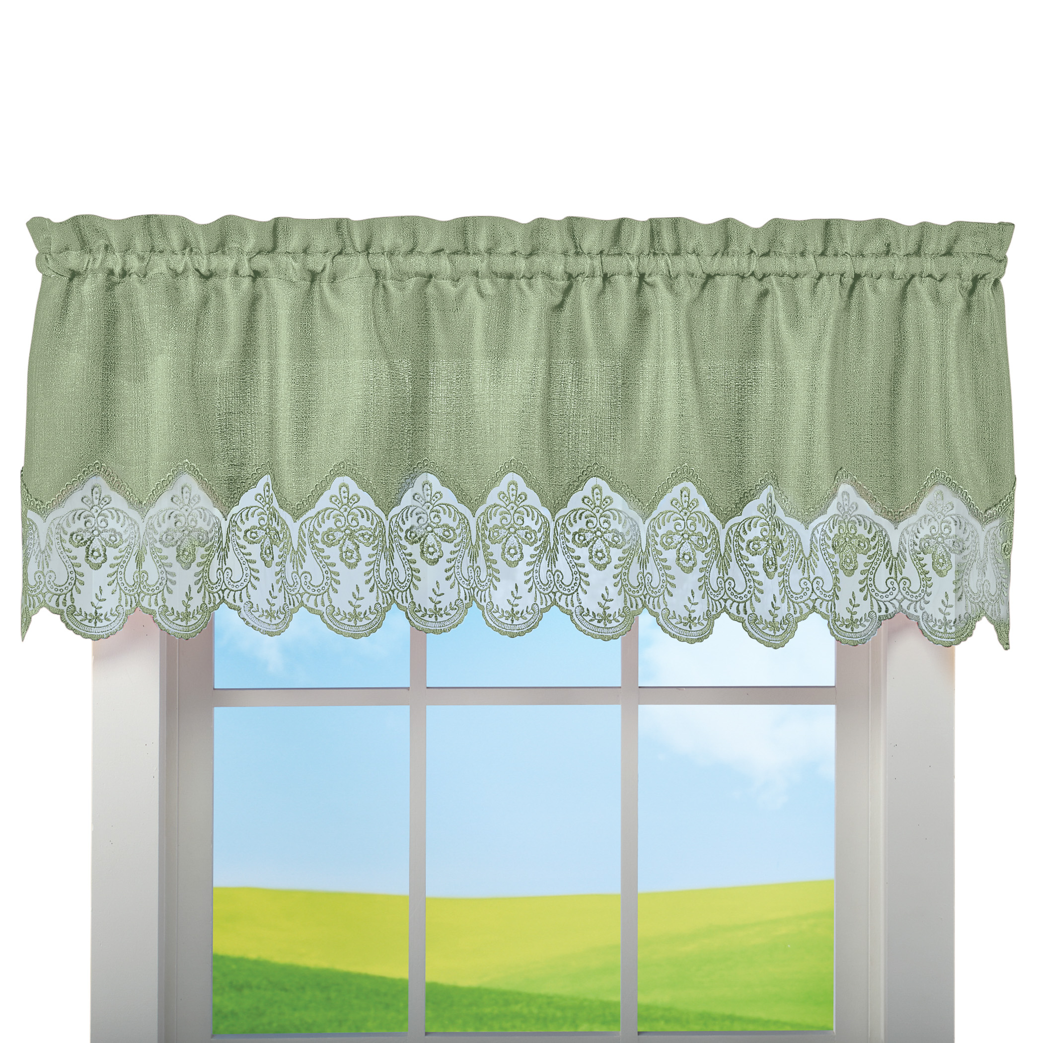 Elegant Lace Border Trim & Solid-Color Window Curtain Sage Valance