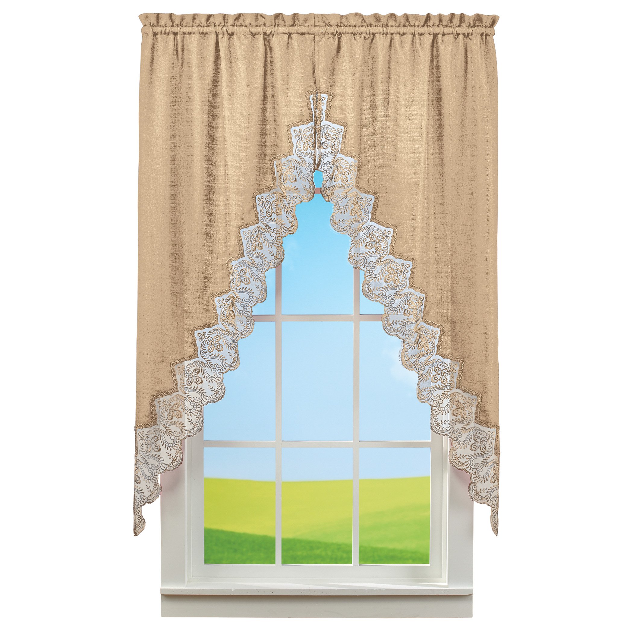 Elegant Lace Border Trim & Solid-Color Window Curtain Taupe Swags