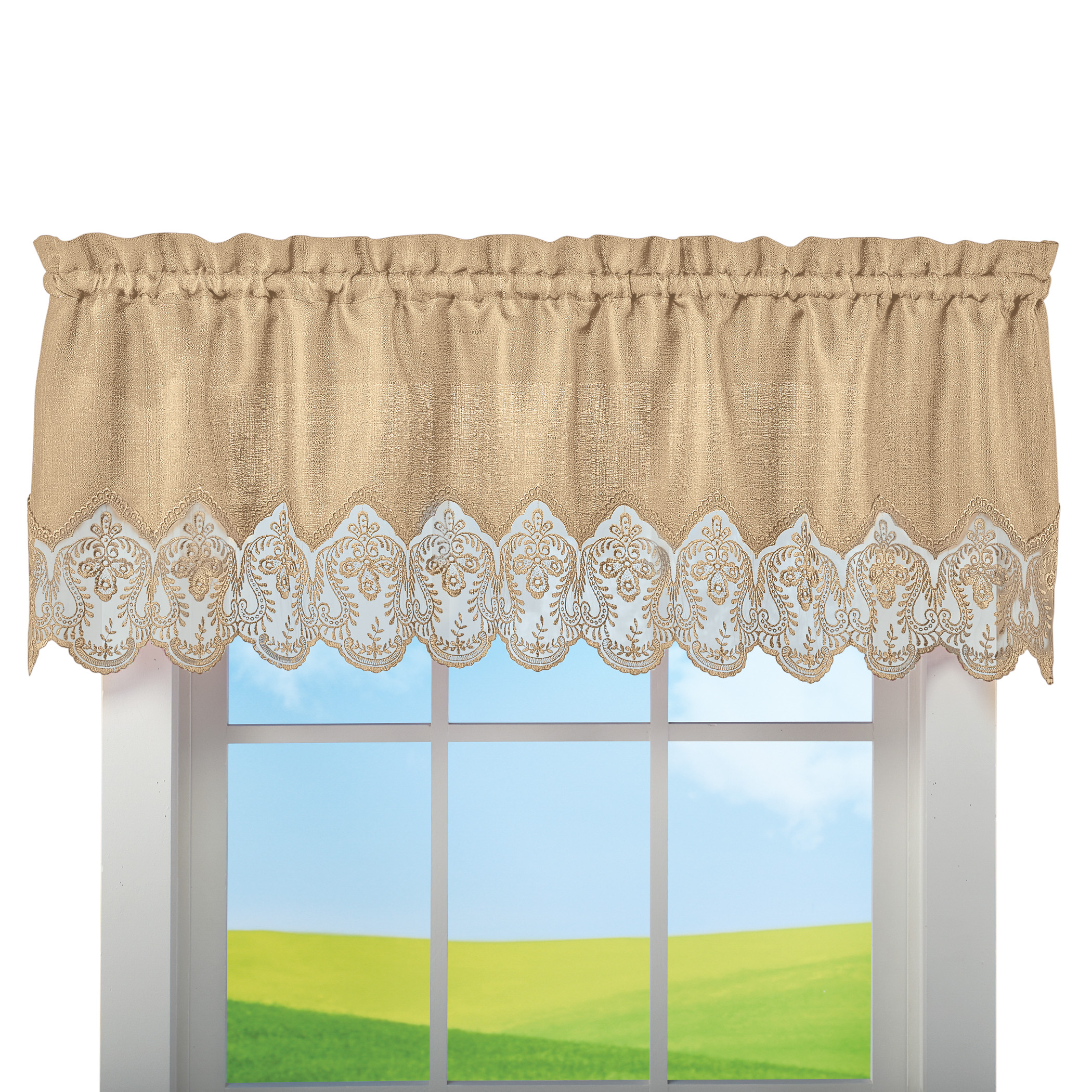Elegant Lace Border Trim & Solid-Color Window Curtain Taupe Valance