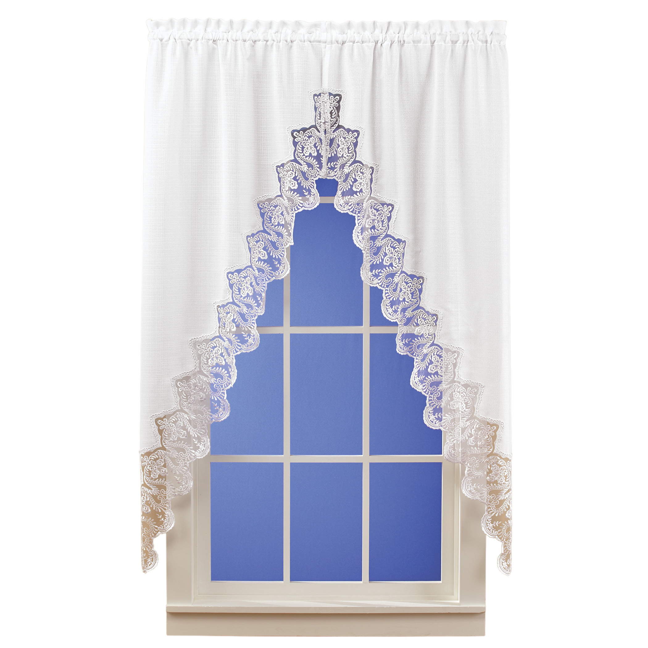 Elegant Lace Border Trimmed Solid-Colored Window Curtain, White, Swags