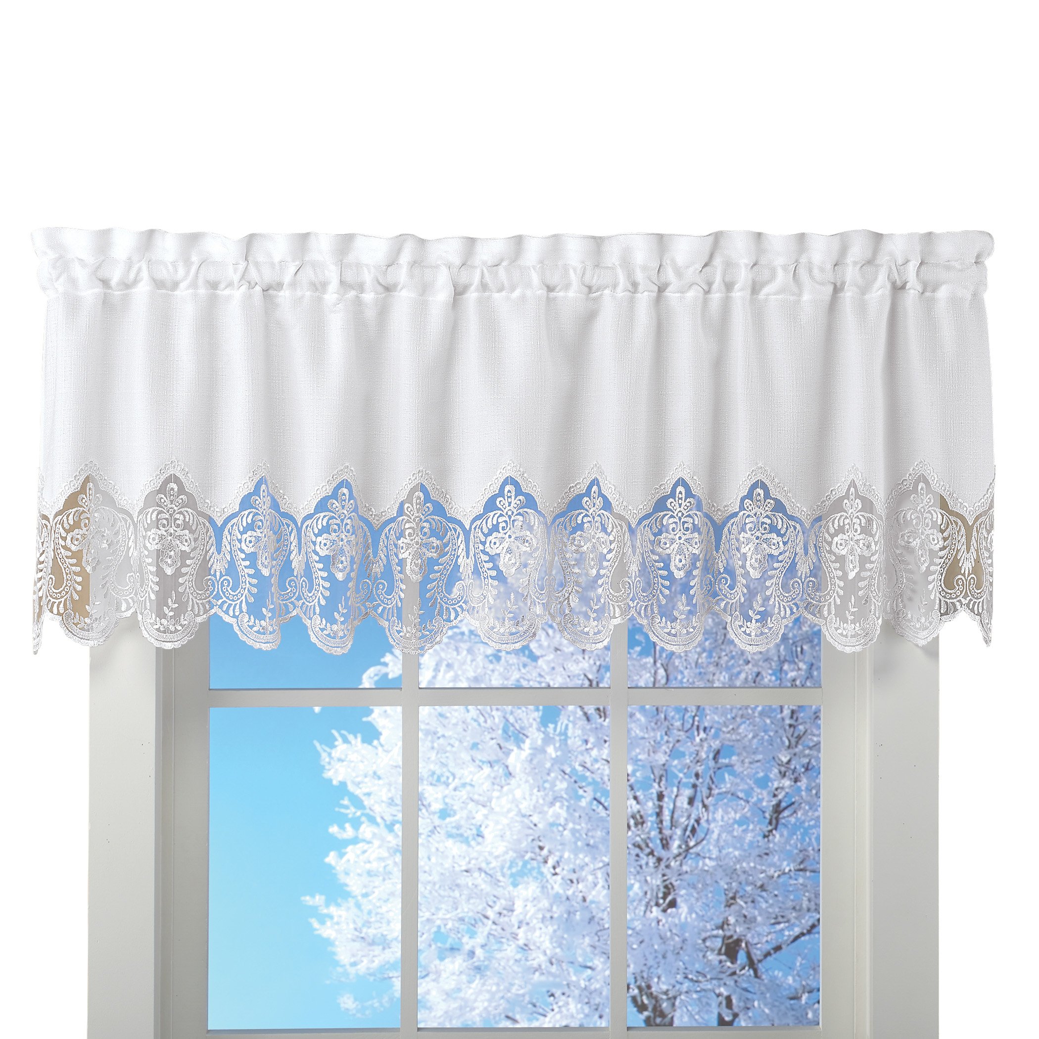 Elegant Lace Border Trimmed Solid-Colored Window Curtain, White, Valance