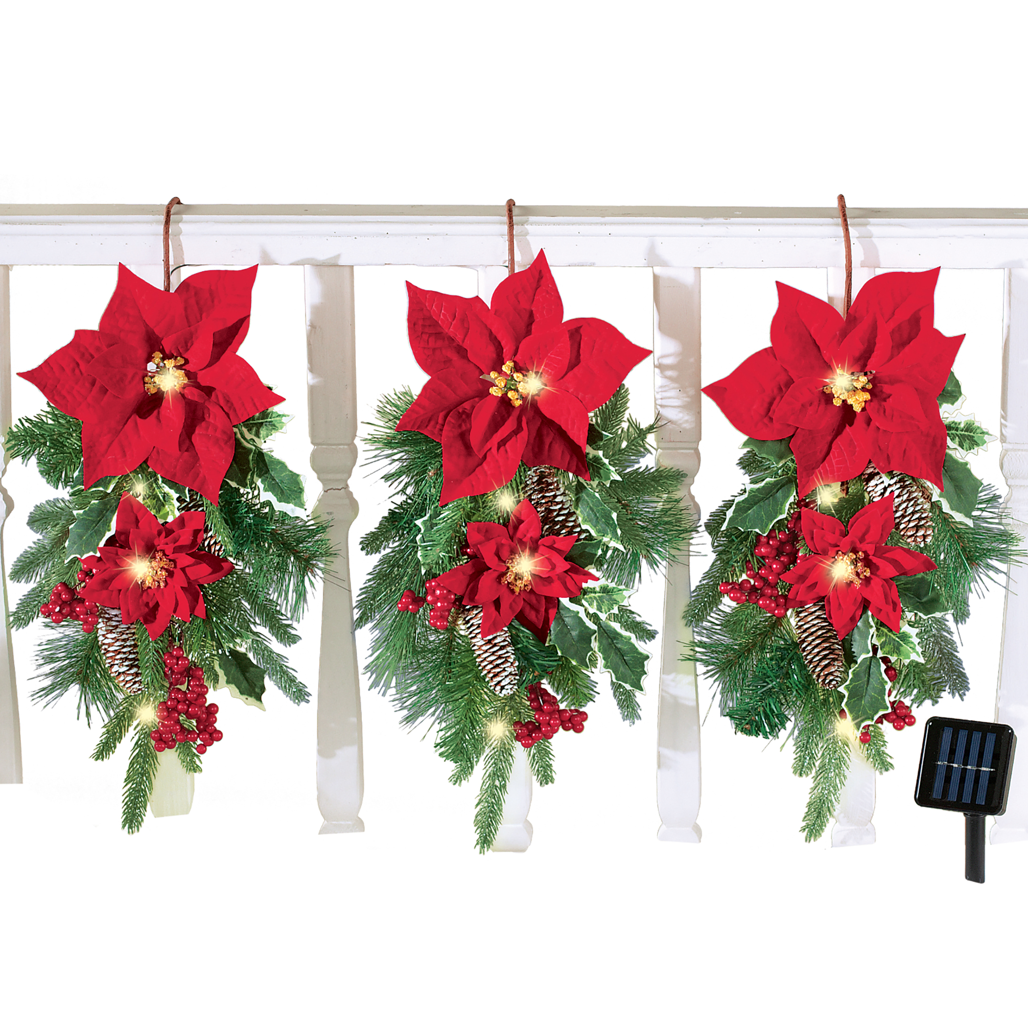 Solar Powered Evergreen Poinsettia Swag Hangers - Set of 3 9 X 5 X 19