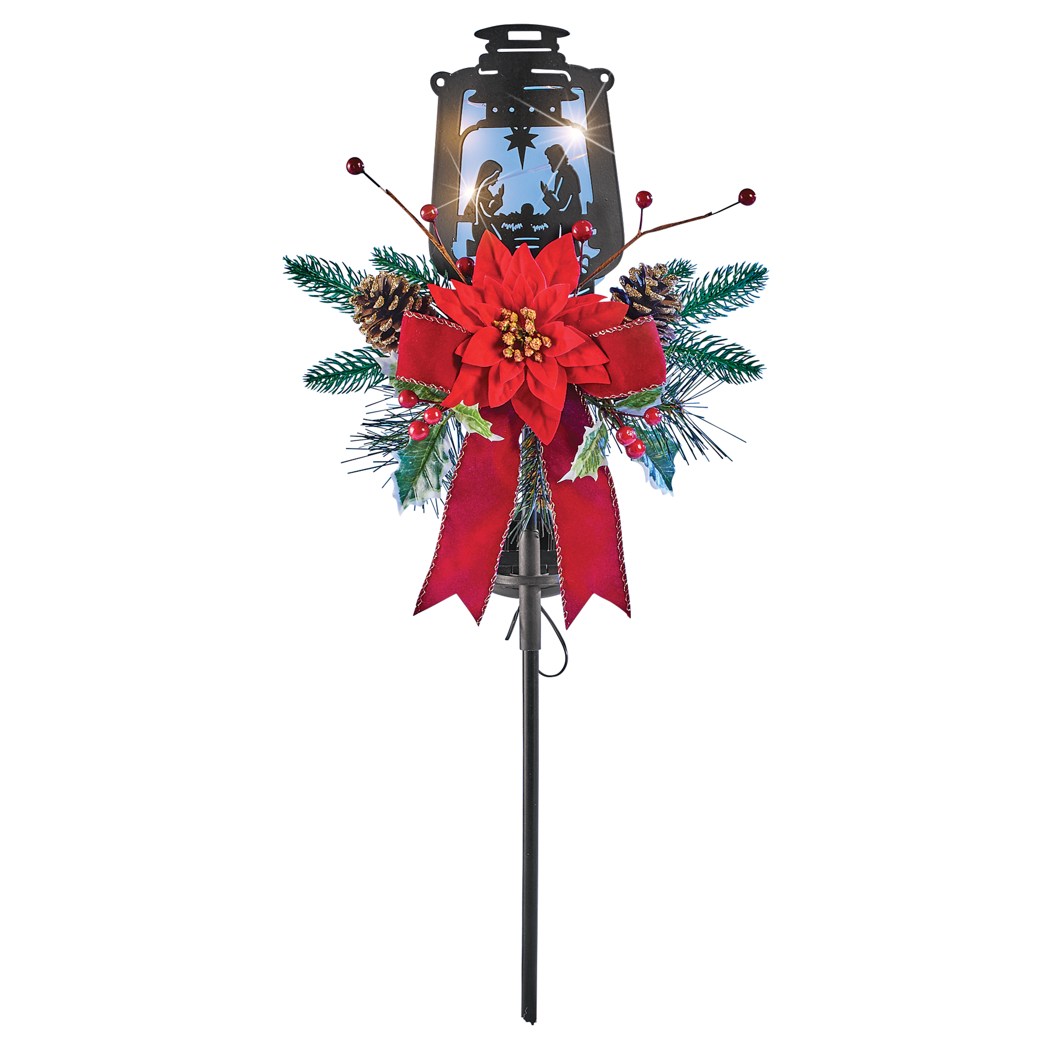 Solar Powered Silhouette Nativity Pine and Holly Yard Stake 12.5 X 6.5 X 27