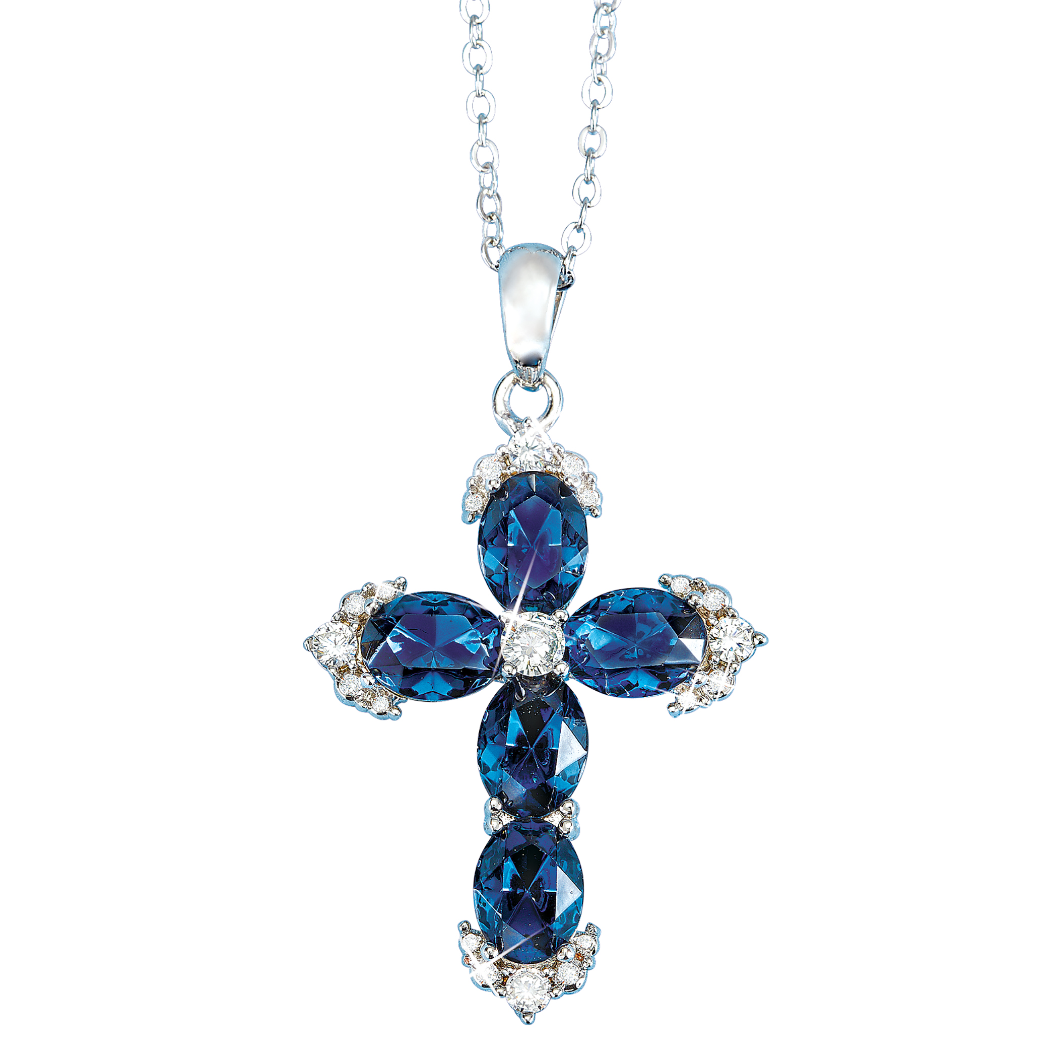 Elegant Colored Crystal Accented Cross Pendant Necklace, Blue