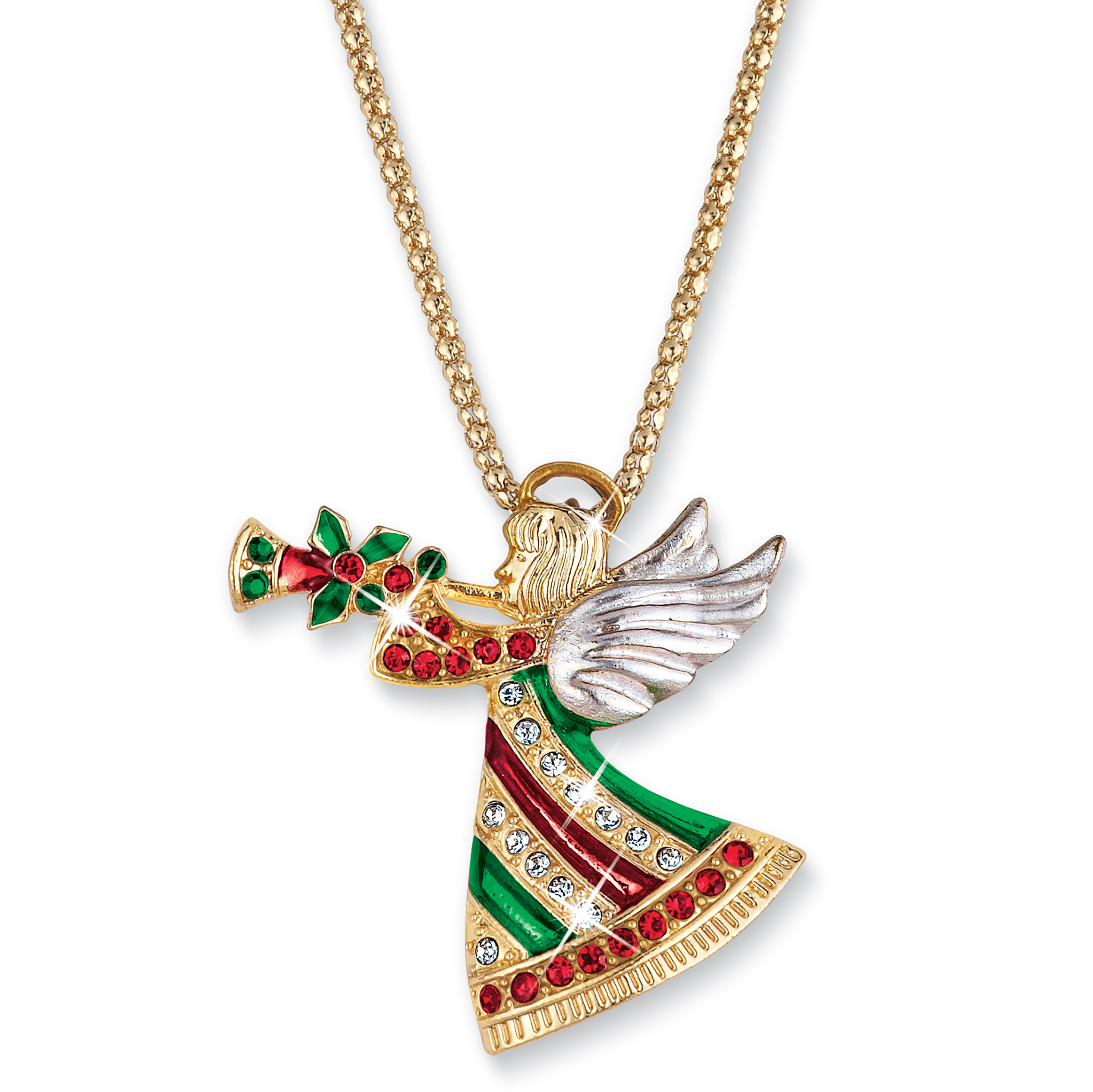 Embellished Gold-Toned Sparkling Crystals Angel Pin Necklace Gold