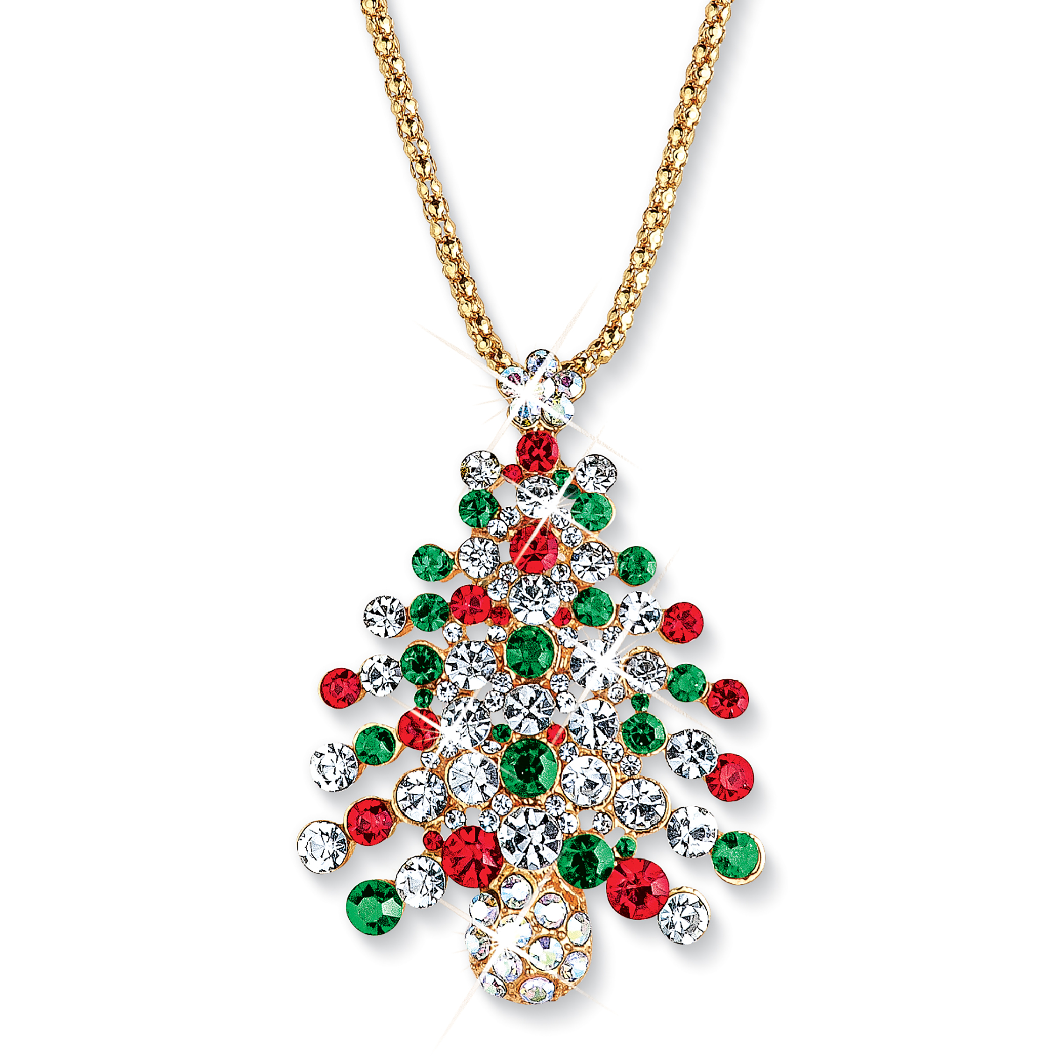 Sparkling Crystal Accents Holiday Christmas Tree Pin Necklace Gold