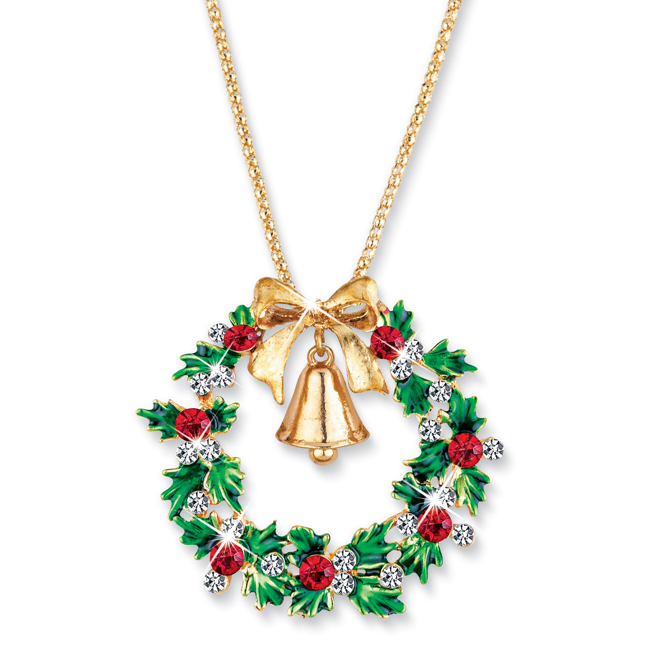 Gold-Toned Bell and Sparkling Crystals Holly Wreath Necklace Gold