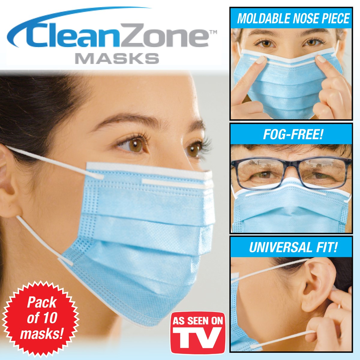 Lightweight Triple Layered Clean Zone Face Masks Pack of 10