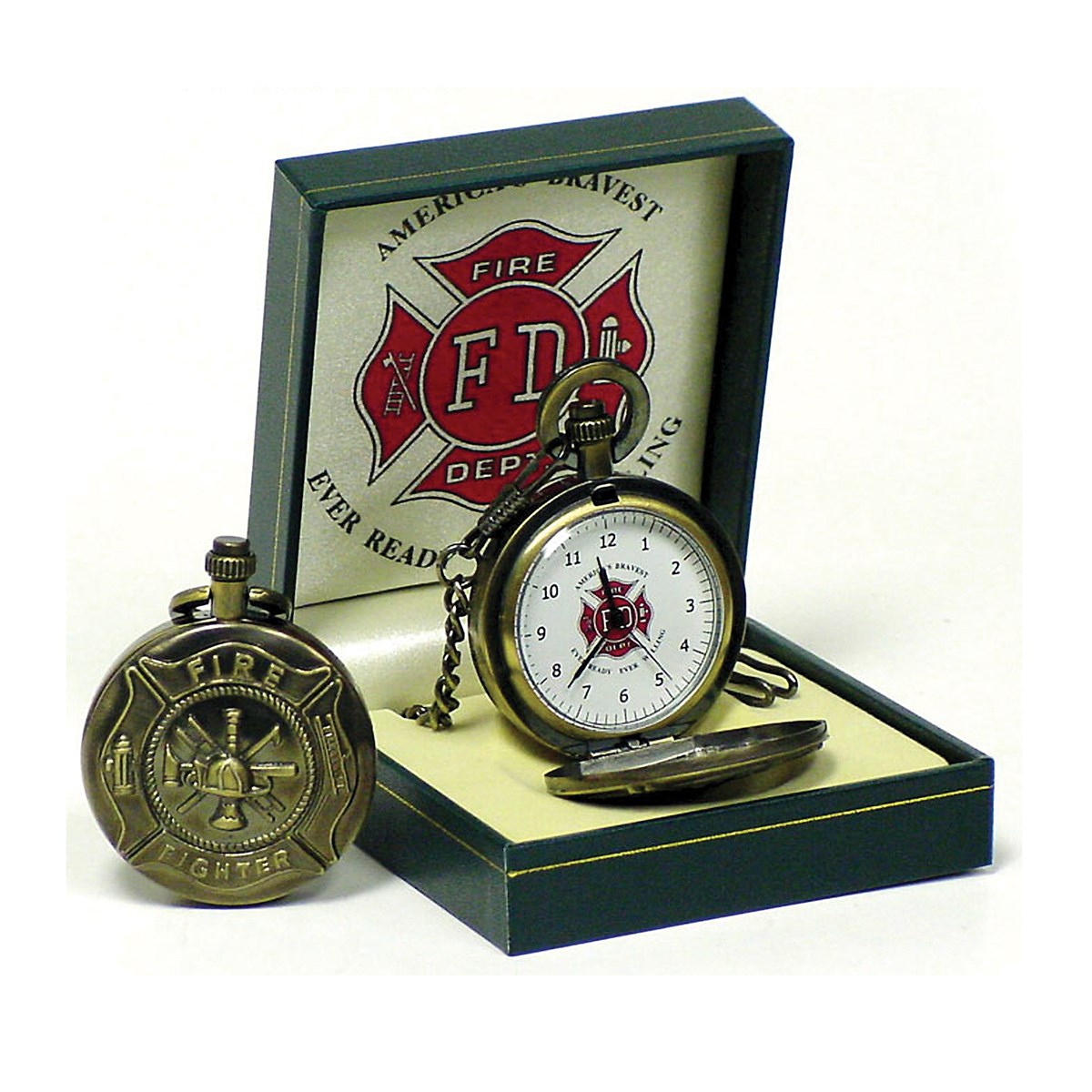 Firefighters BronzeToned Pocket Watch with Display Box Collections Etc.