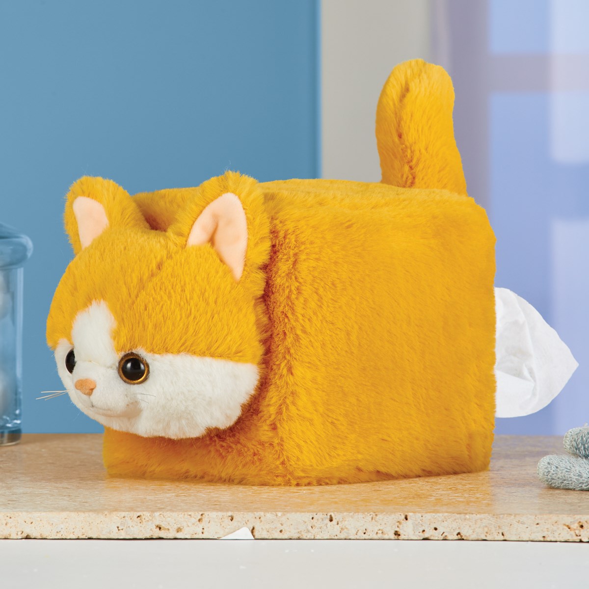 Adorable Plush Cat Tissue Box Cover With Backside Dispenser