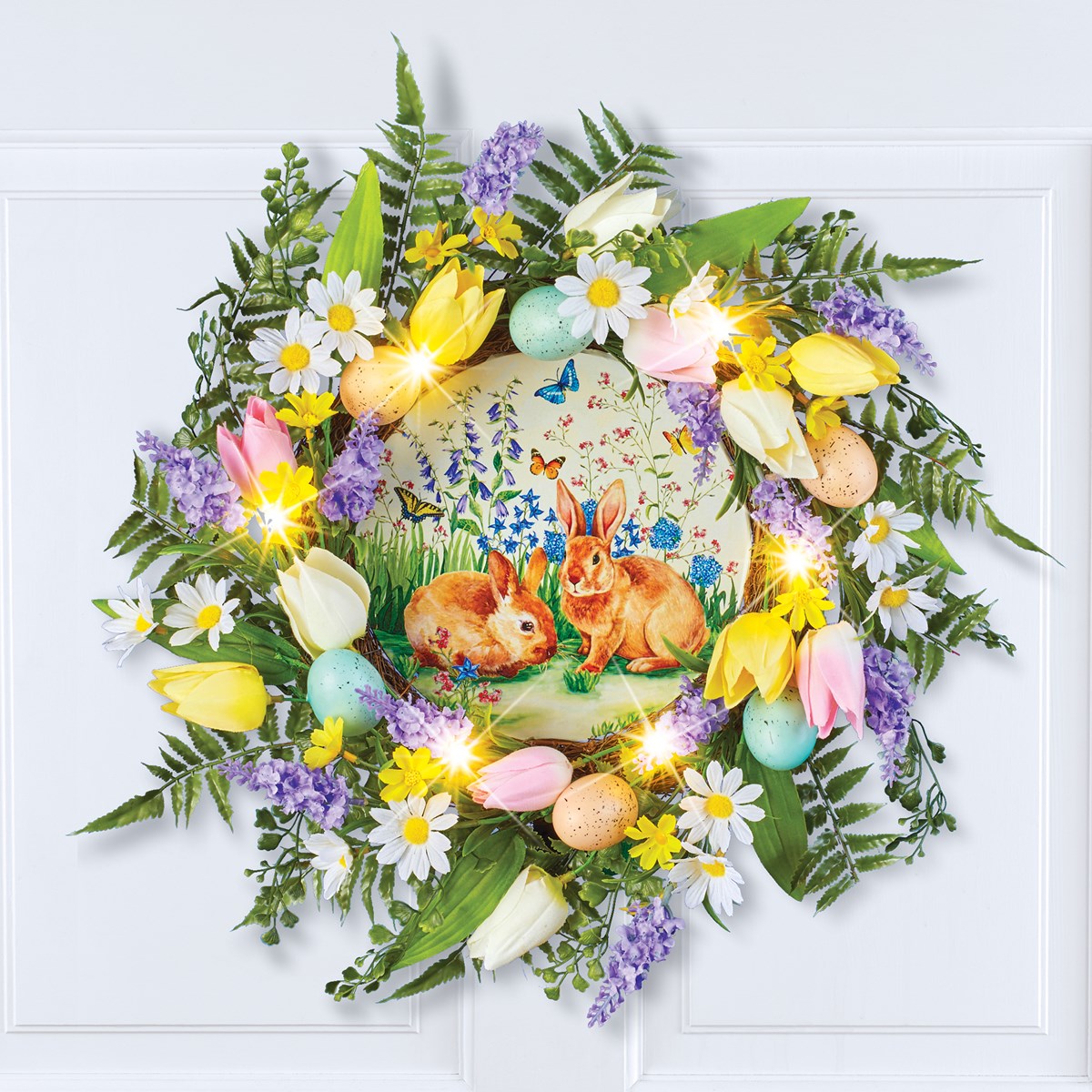LED Lighted Colorful Tulips & Pastel Easter Eggs Bunny Wreath