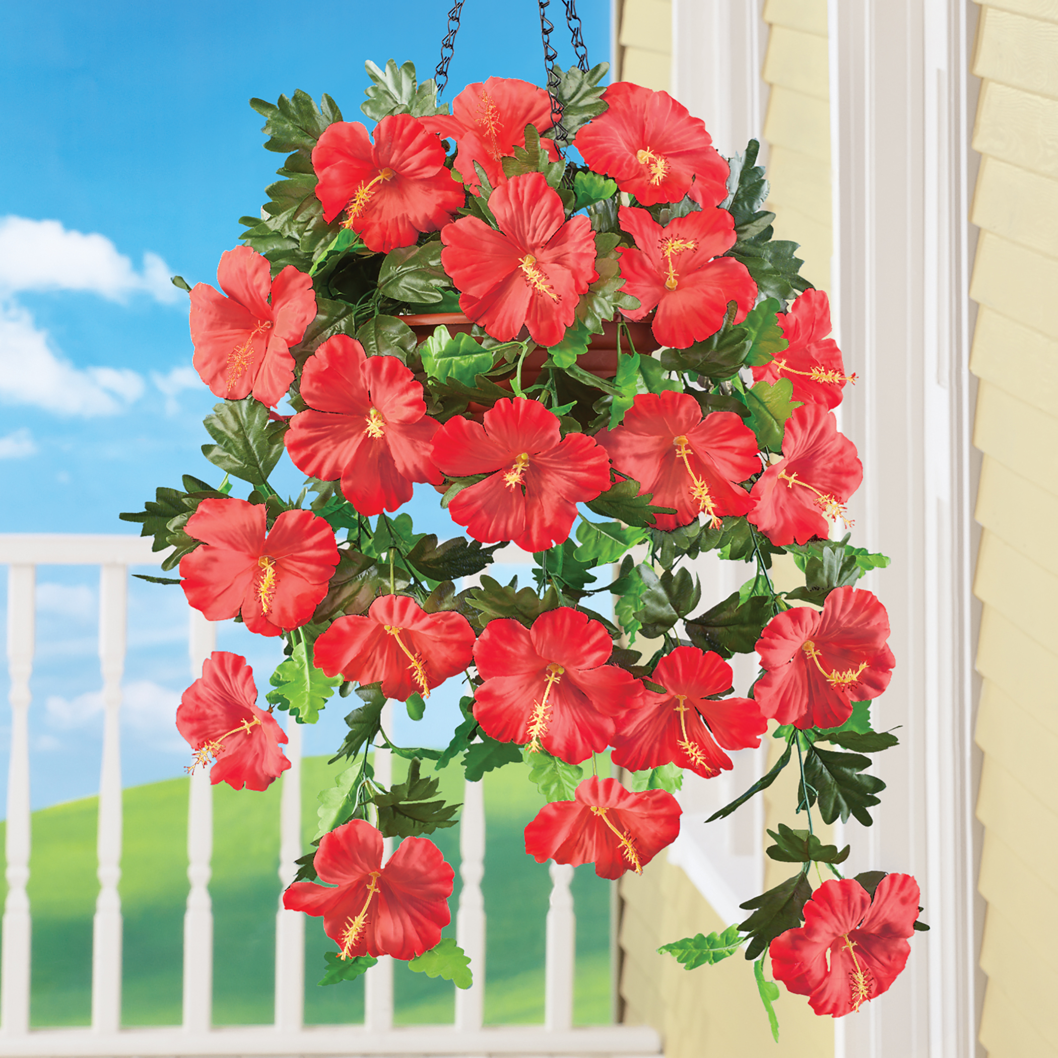Hanging Artificial Tropical Hibiscus Bush Basket Set - Picture 8 of 10