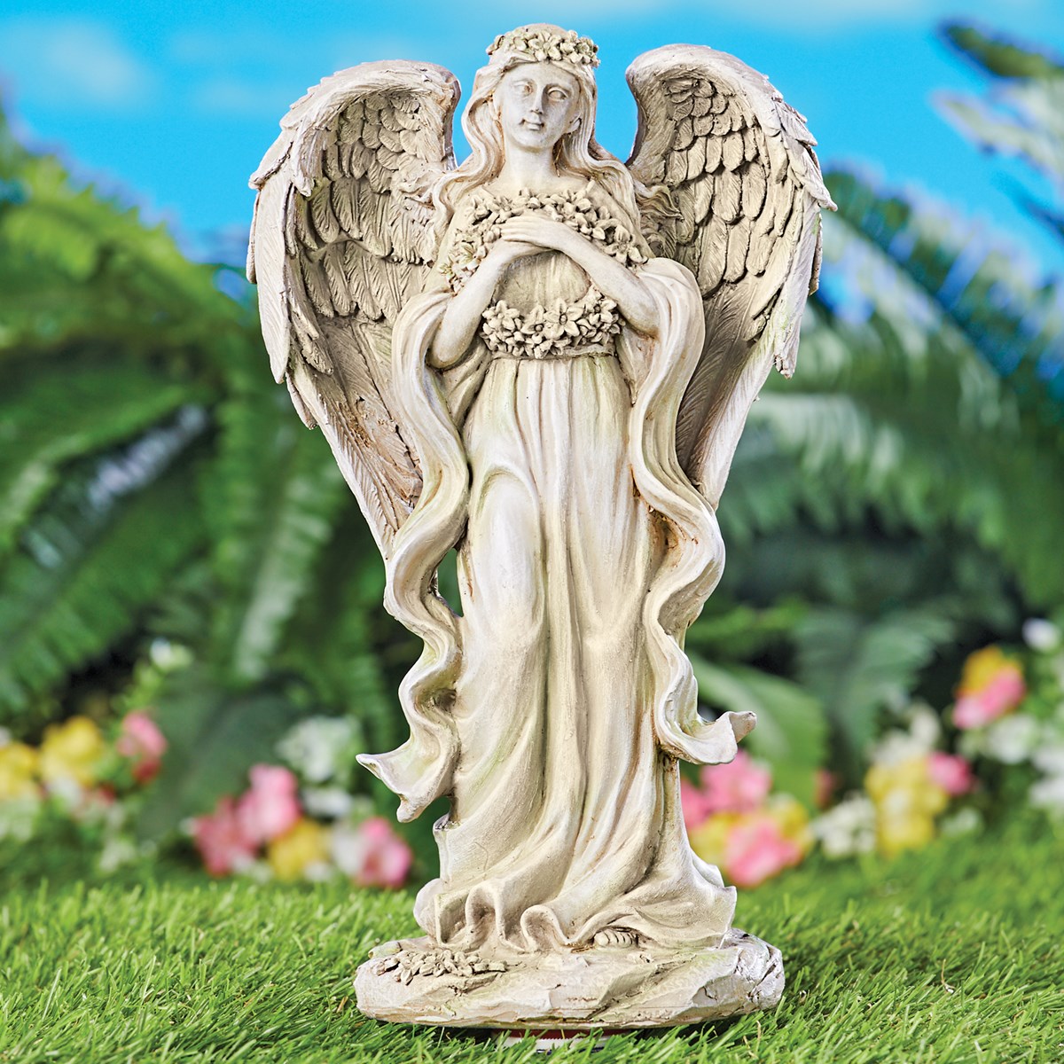 HandPainted StoneFinish Outdoor Garden Angel with Wreath