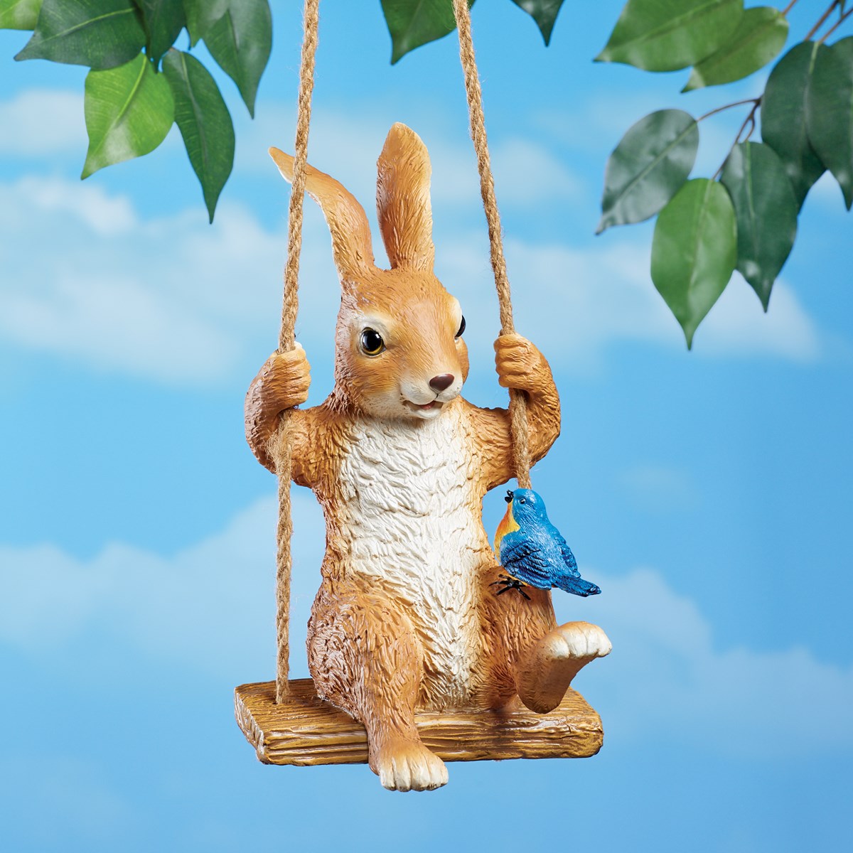 HandPainted Bunny On a Swing Hanging Lawn Statue Collections Etc.