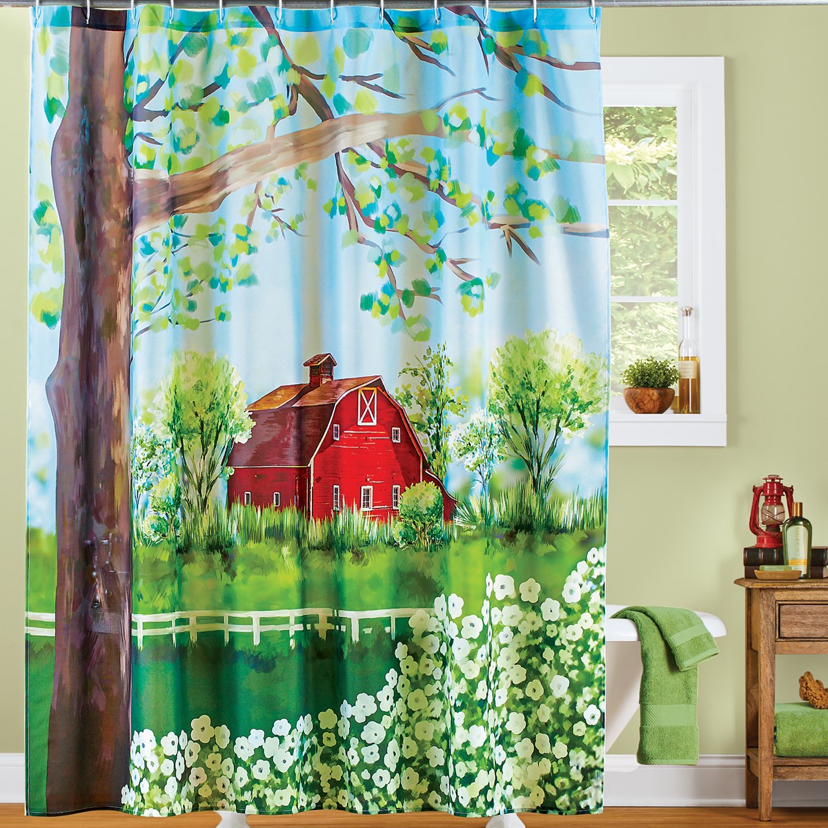 White Flower Garden Barn Scene Bathroom Shower Curtain Collections Etc.
