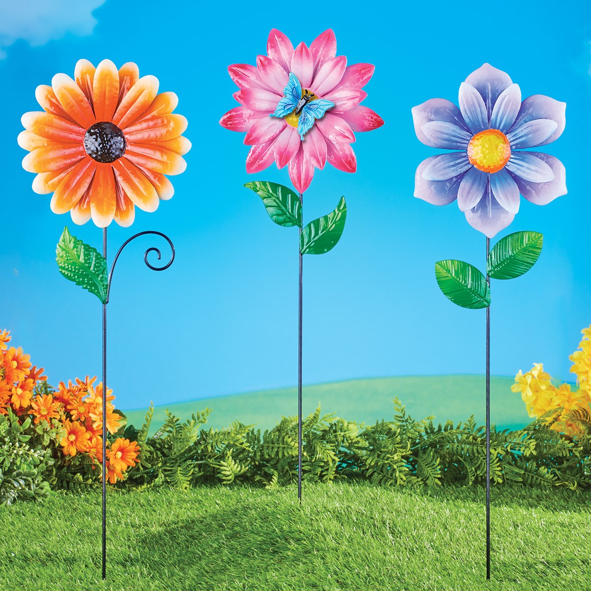 HandPainted Artificial Metal Flower Garden Stakes Set of 3