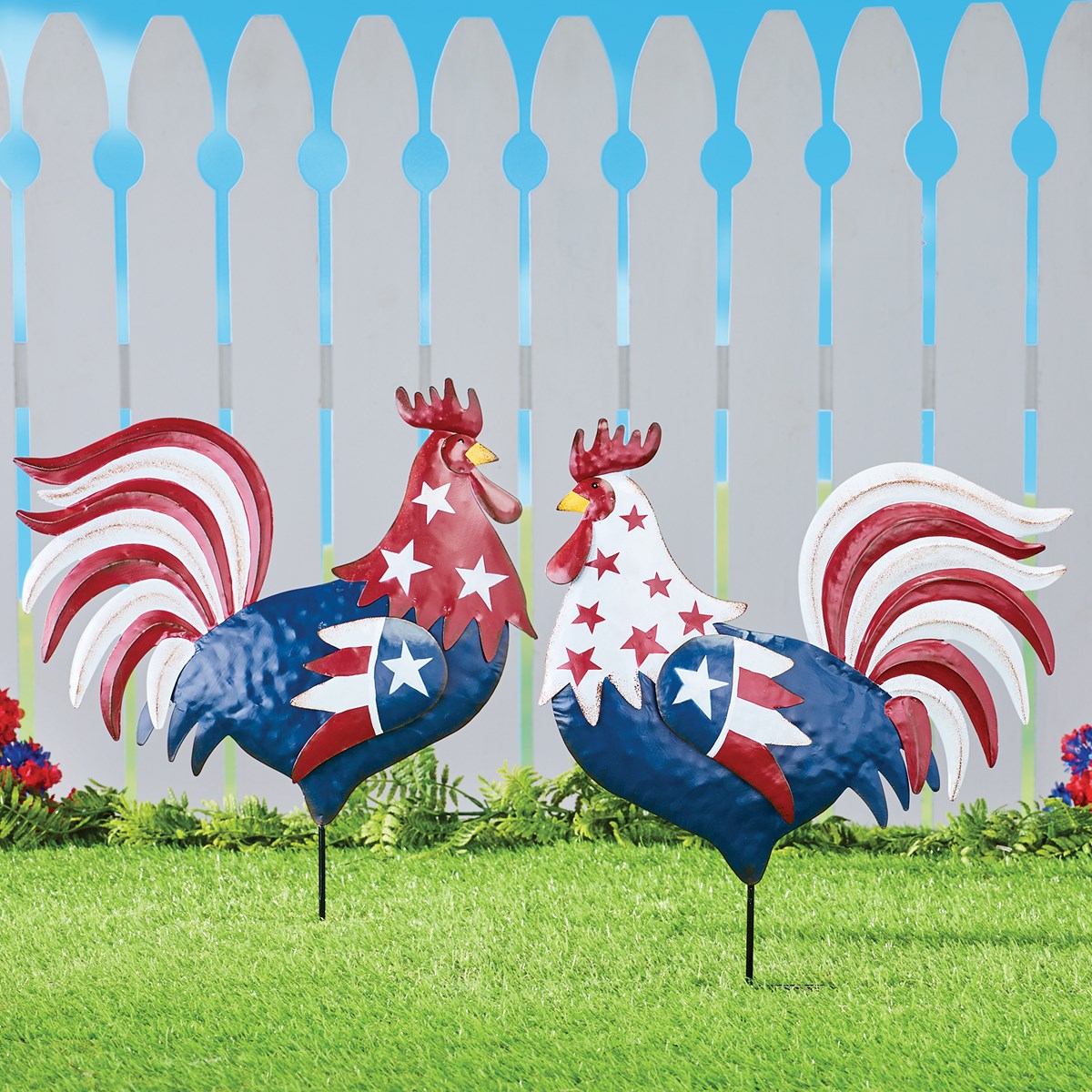 Left and Right Facing Patriotic Rooster Lawn Stake Collections Etc.