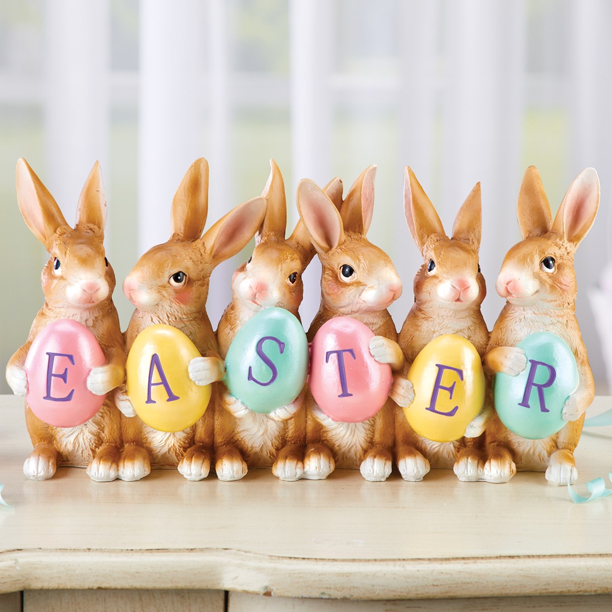 HandPainted Happy Easter Bunnies & Colorful Eggs Figurine