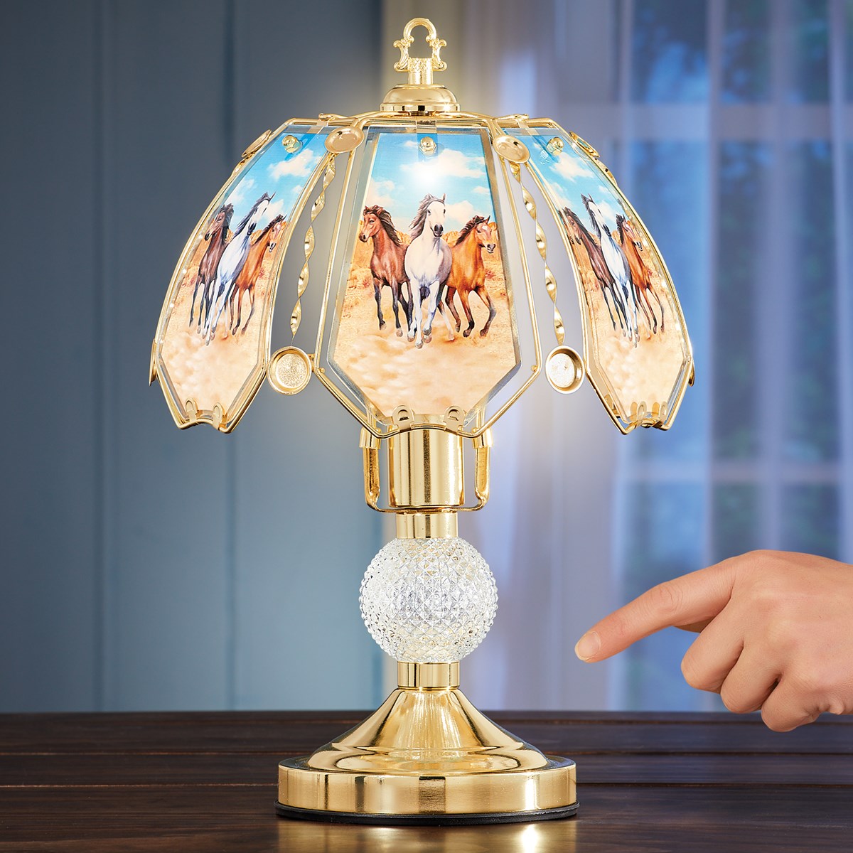 Running Horses GoldToned Glass TouchSensitive Lamp Collections Etc.
