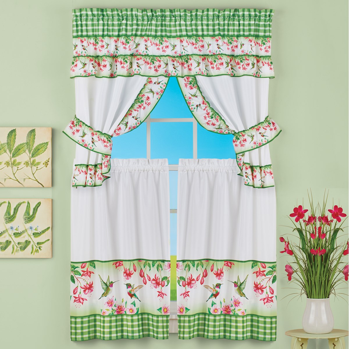 Colorful Floral Hummingbird Kitchen Window Curtain Set Collections Etc.