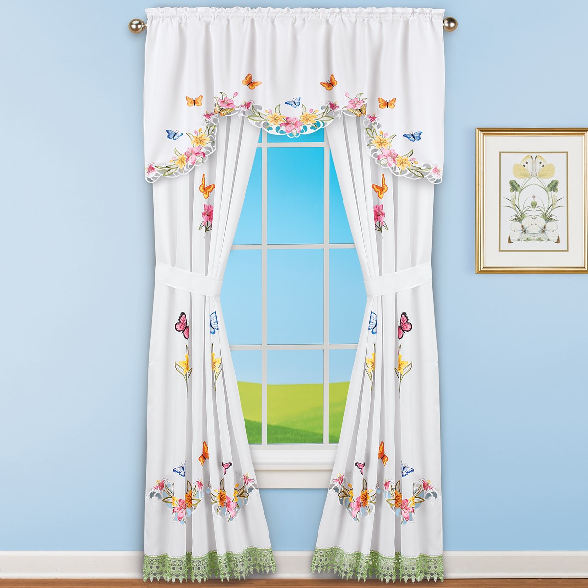 Embroidered Lily Butterflies White Window Curtain Drapes Collections Etc.