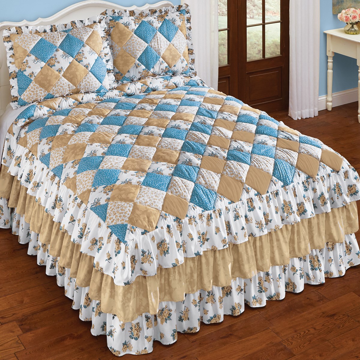 Blue MultiColored Heather Quilted Ruffled Bedspread Collections Etc.