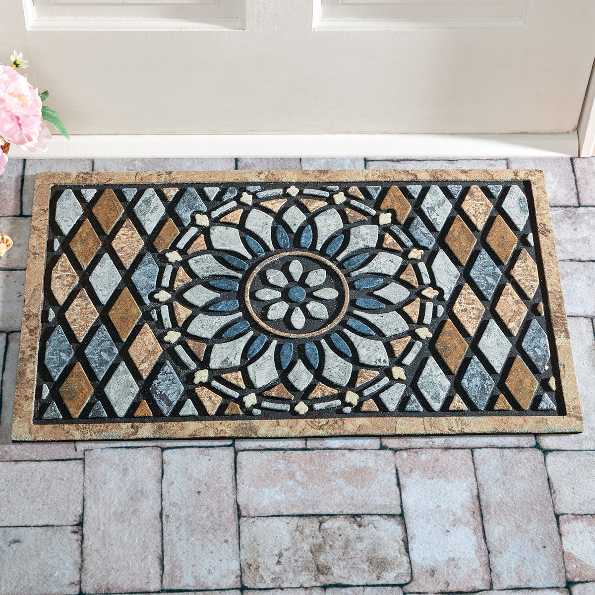 Durable Rubber Outdoor Faux Stone Mosaic Rectangle Doormat