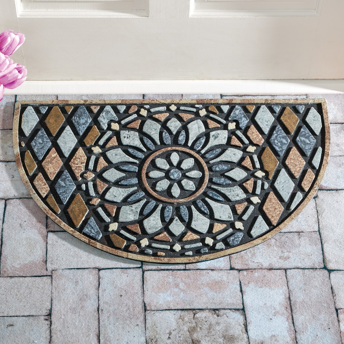 Durable Rubber Outdoor Faux Stone Mosaic Half Circle Slice Mat